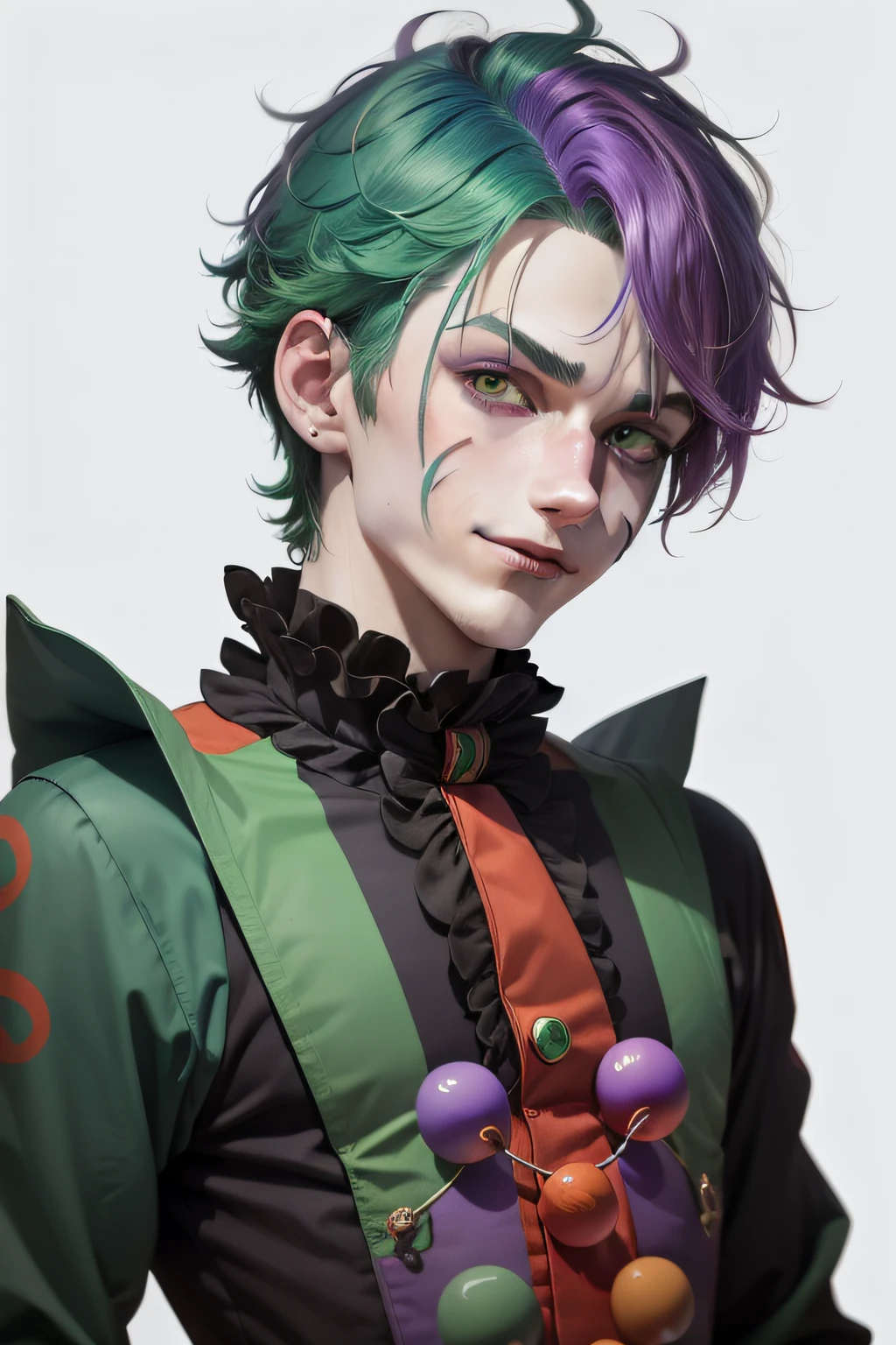 Clown avatar,Close-up of the head,Only head and shoulder positions are shown,ember,Wallpapers,Anime handsome boy,Green hair,Purple colored hair,Hair has gradient color,Black suit,white backgrounid,Red round nose of the clown,Clown's mouth,Handsome nose,Pointed chin,Azure pupils,ssmile,年轻