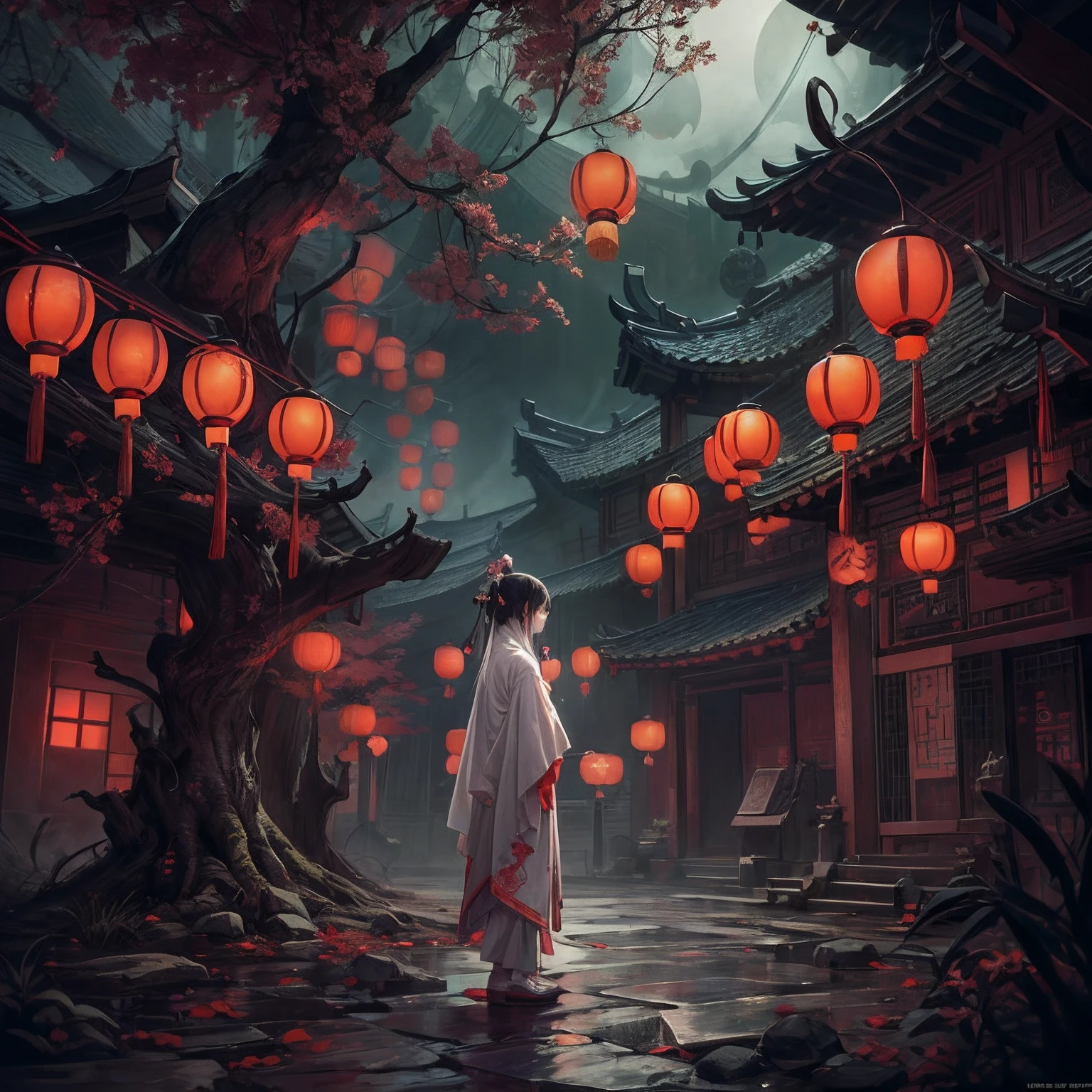 Chinese Ghost Festival,Middle Metaverse,The breath of a ghost,1girll,White robe,The streets at night,Chinese lanterns hanging from Chinese-style houses on both sides of the street,Spooky branch texture,Detailed depiction of Chinese lanterns,Transparent girl floating in smoke,Wear Chinese Hanfu,Chinese lanterns hanging from trees,shadowy lighting,The Chinese style is rich in color,Background bokeh,depth of fields,Lantern light,arte de terror,Funk,Unified 8K wallpapers,ultra - detailed,Beauty and aesthetics,tmasterpiece,Best quality at best,(zentangle,datura,Tangles,entangled:0.5)Creepy weirdness,terroral,horrid,horrid,horrid,真实感,by bruce pennington,author:Giger, tsutomu nihei, wayne barlowe, Zdzislaw Beksinski, rendering by octane, art stations, 8K, CGSesociety, cinematic ligh, high detal, wide - angle shot, iintricate