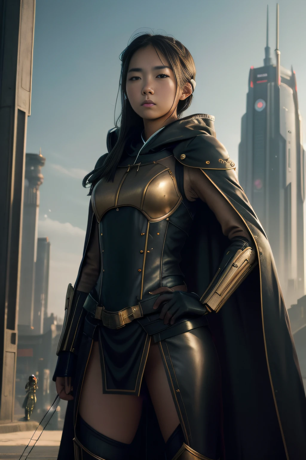1 girl, young, 16 years old, Asian, full body from head to toe, Realistic, Realistic face, worried, looks over shoulder, side lighting, wallpaper, looks at viewer, futuristic steampunk buildings in background, Long cape and hood, earth ground, outdoors, hold a crossbow, fight steampunk robots,