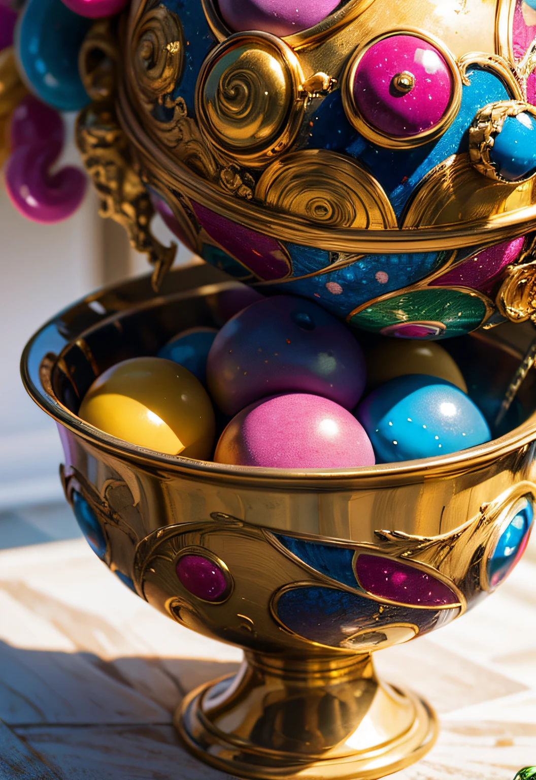 masterpiece、top-quality、top-quality、(Close up photo of colorful spiral candy in artistic golden bowl)、ighly detailed、colourfull、highestdetailed