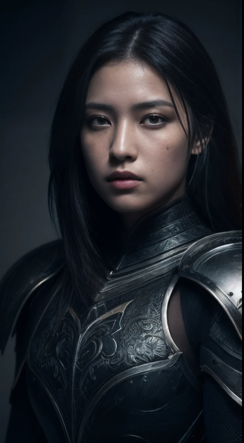 A highly detailed portrait of a female warrior dressed in intricate black plate armor,The face is bruised, Mysterious dark nature background, high resolution, 4K, 8K