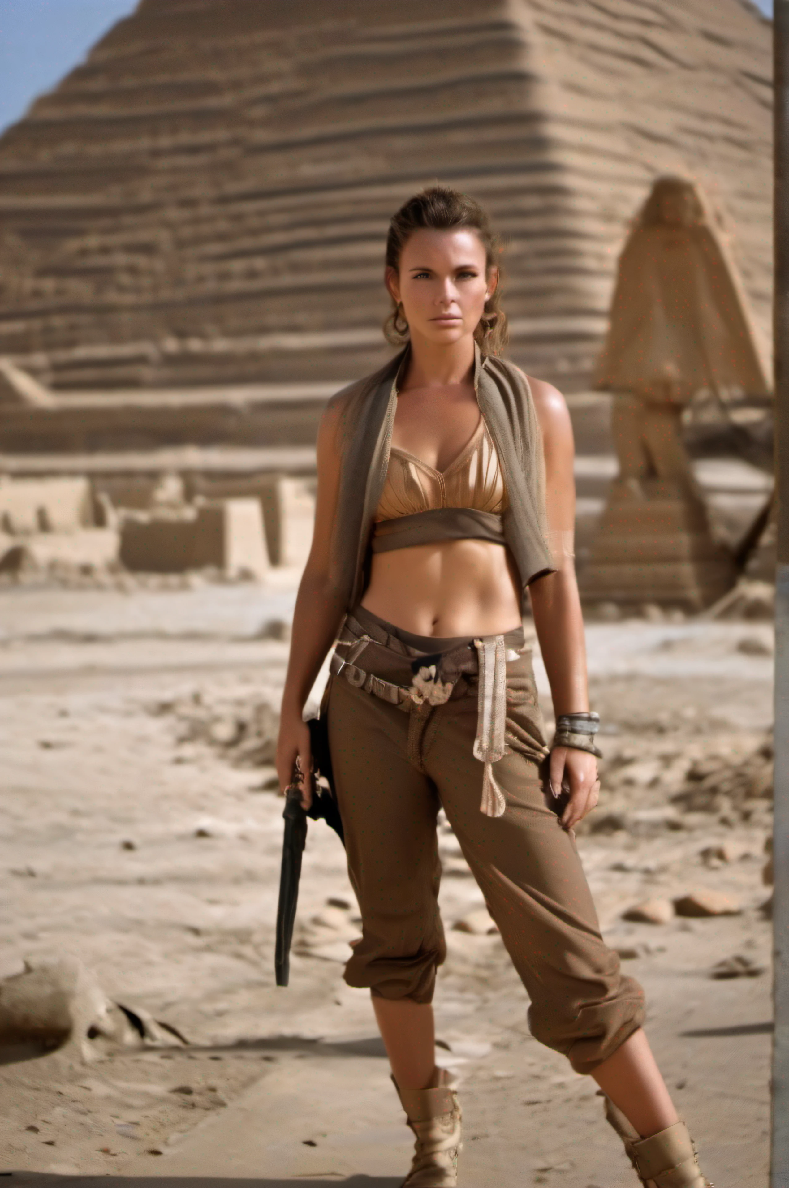 A female Indiana Jones with lightly tanned skin dressed in a ripped Indiana Jones outfit standing 100 meters for the futuristic pyramids in Egypt.