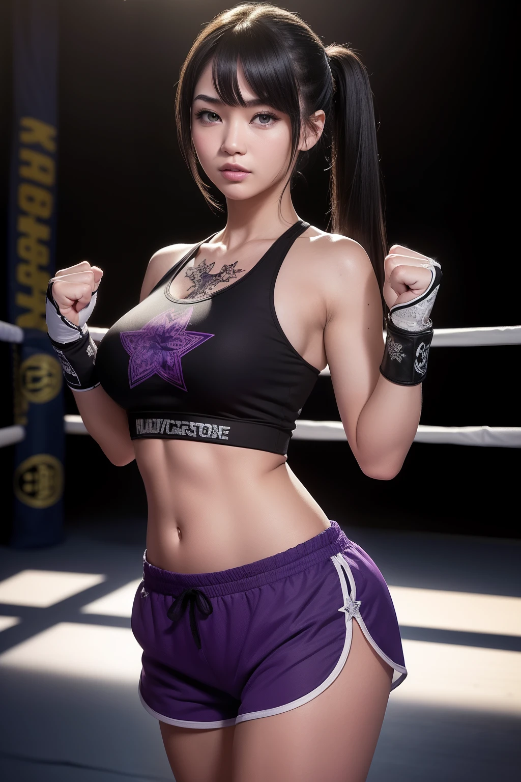 (masterpiece, best quality), (A gorgeous 24 year old young beautiful korean kpop idol model with purple hair, she has a serious expression looking like she is ready to kill her opponent, black lingerie, black boxing gloves), ((topless, perfect breasts, breasts exposed, nipples, NSFW)), (muscular toned body, fitness model body), (private dark boxing ring:1.2), (full body:1.1)