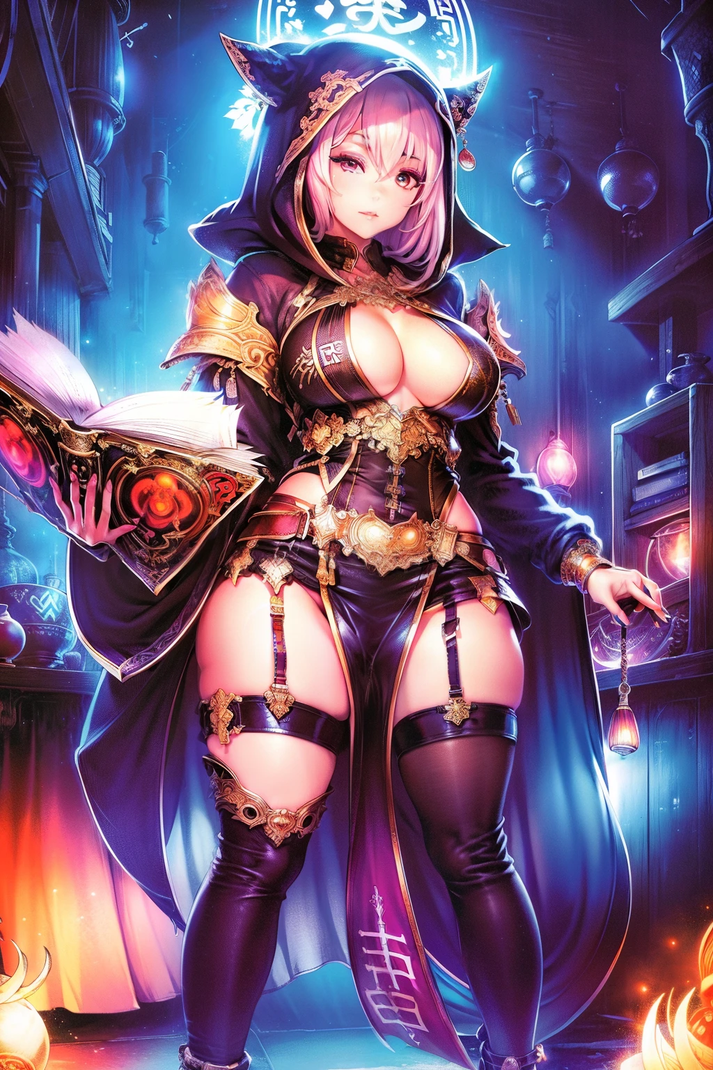 hoods,Chinese female,big breasts beautiful, guitar, neonlight,Mandal Broad-Flagta Art,Love to look at books