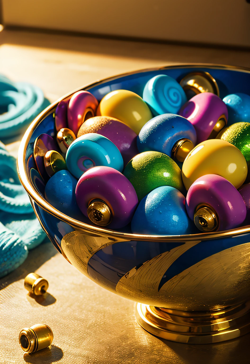 masterpiece、top-quality、top-quality、(Close up photo of colorful spiral candy in artistic golden bowl)、ighly detailed、colourfull、highestdetailed