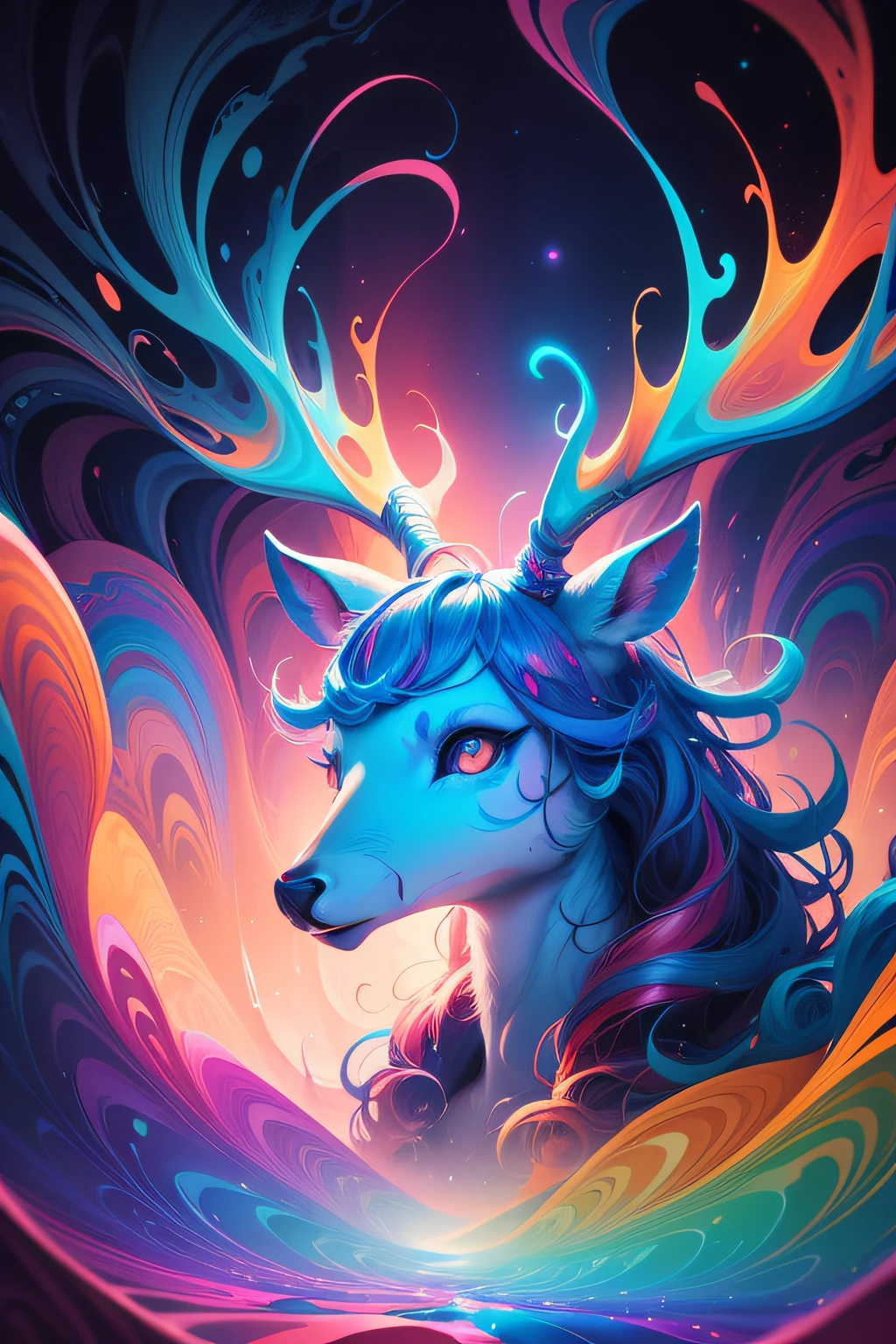 (Psychedelic painting of a deer standing in front of a colorful swirl), ((multi-slit big antlers, stag, big head)), light and shadow, waves, multi-layered, foreground, distant view, fractal Thunder Dan Mumford, Dan Mount Ford and Alex Gray style, psychedelic surreal art, surreal psychedelic design, fantasy art style, illusion psychedelic art, infinite psychedelic waves, inspired by Cyril Rolando, Real ripple structure, psychedelic art style, psychedelic art, psychedelic illustration，bioluminescent, vibrant, colourful, color, (glowing, glow), (beautiful composition), cinematic lighting, intricate, (symmetrical:0.5), whimsical,