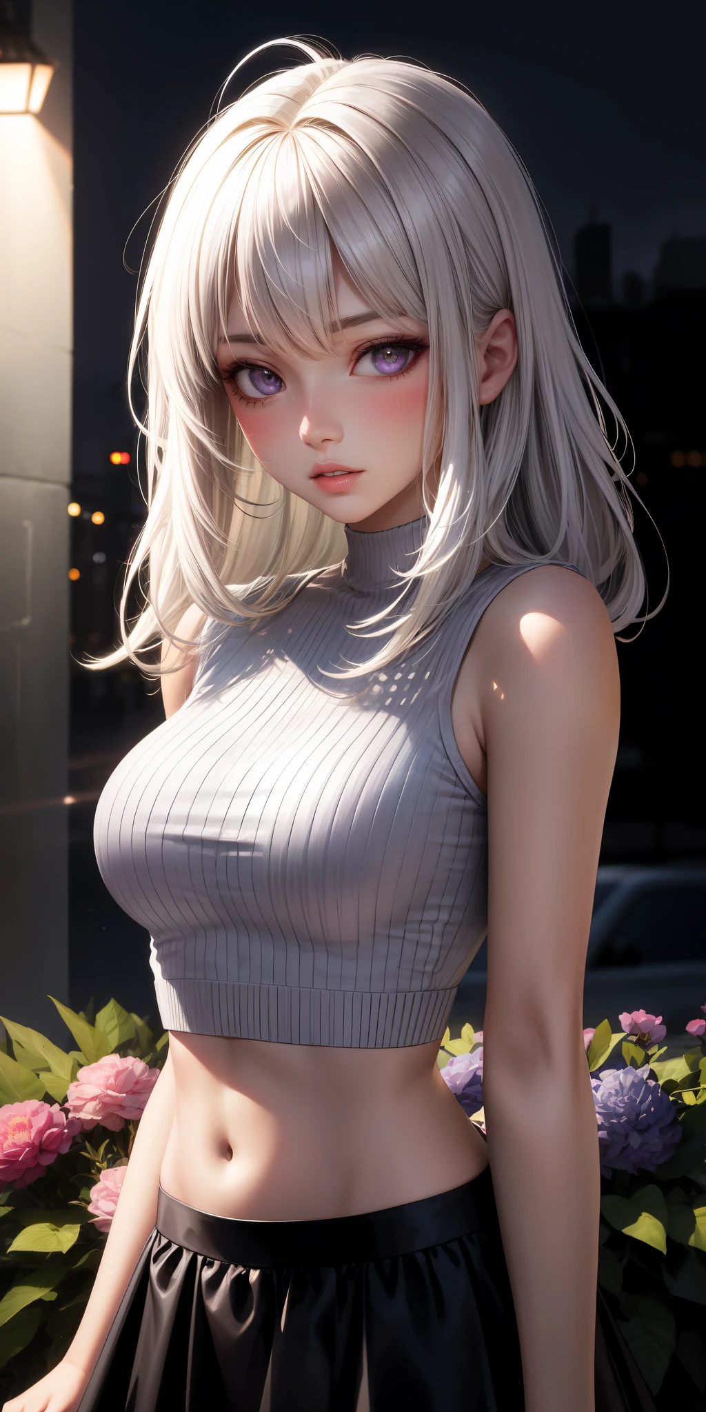 realistic, 1 girl, white hair, purple eyes, glowing eyes, crop top, skirt, parted lips, blush, night, flowers, sun, sunlight.