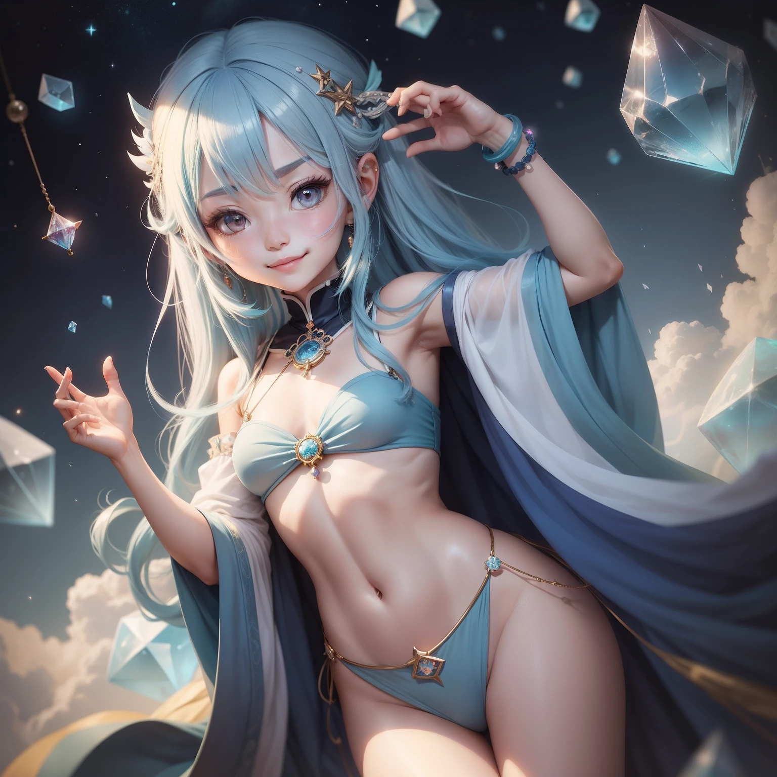 Chibichara Sky blue hair Long a smile fortune teller Crystal jade constellation mysterious background
