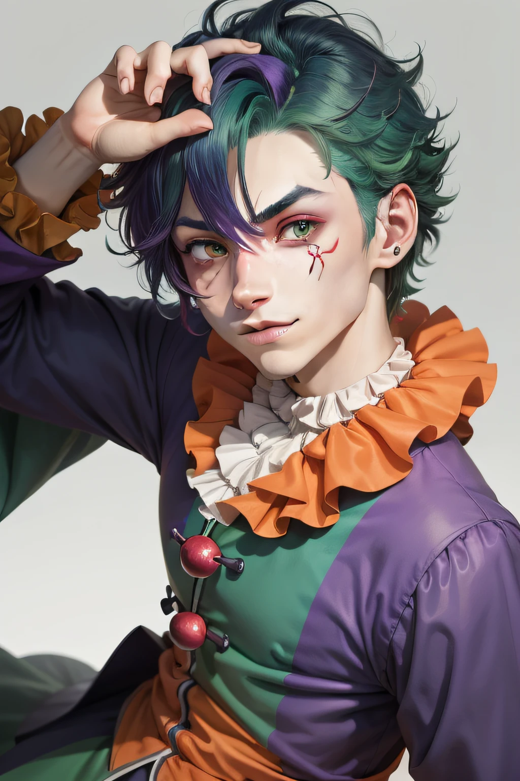 Clown avatar,Close-up of the head,Only head and shoulder positions are shown,ember,Wallpapers,Anime handsome boy,Green hair,Purple colored hair,Hair has gradient color,Black suit,white backgrounid,Red round nose of the clown,Clown's mouth,Handsome nose,Pointed chin,Azure pupils,ssmile,年轻