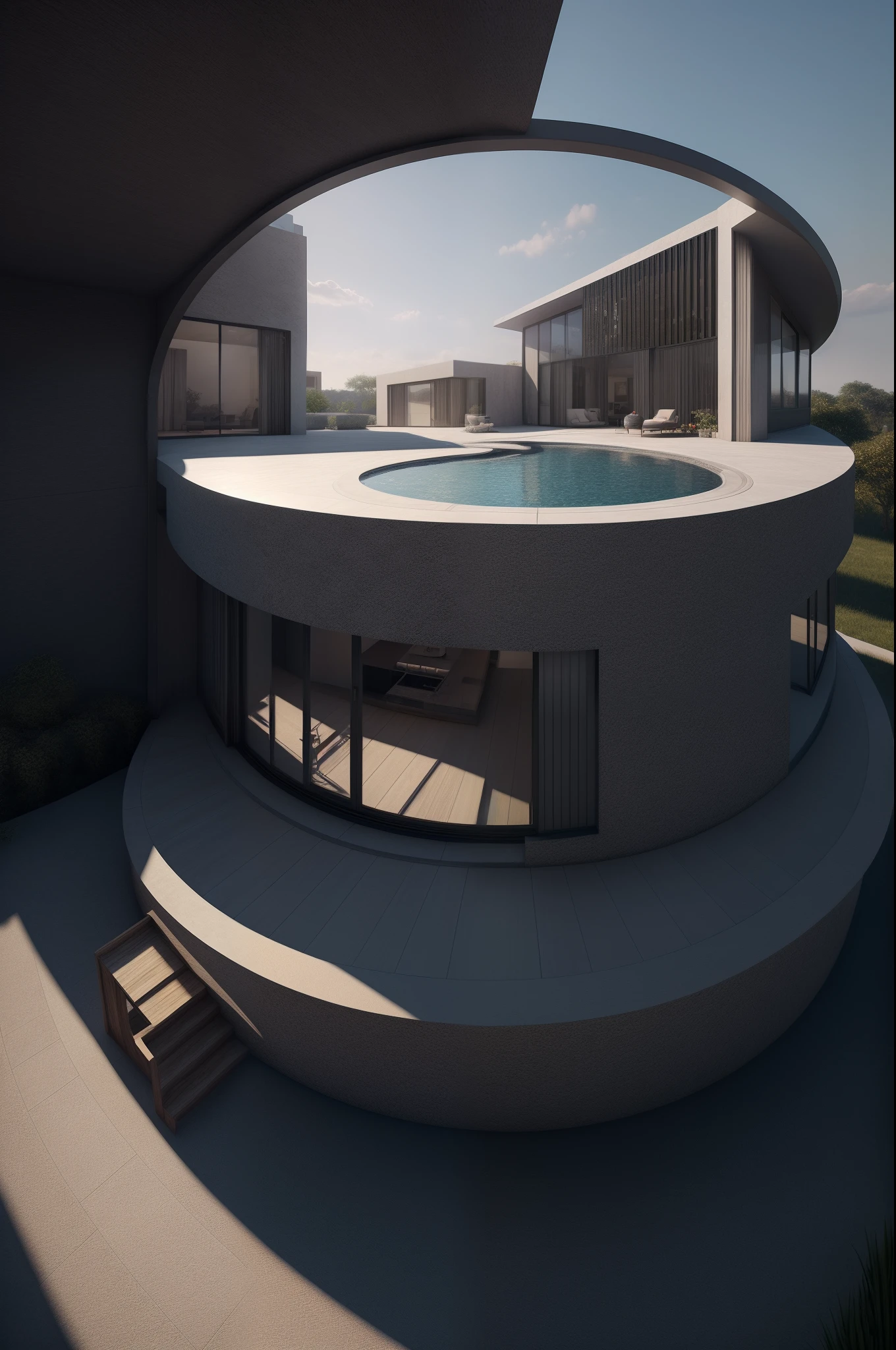 ((Masterpiece)),ultra realistic,32k,ultra-detailed 8k unity CG wallpaper, best quality, isometric, high detail, 8k, cinematic lighting, super fine resolution, ((( Sharp focus: 1.3)), modern house, modern building, round shape