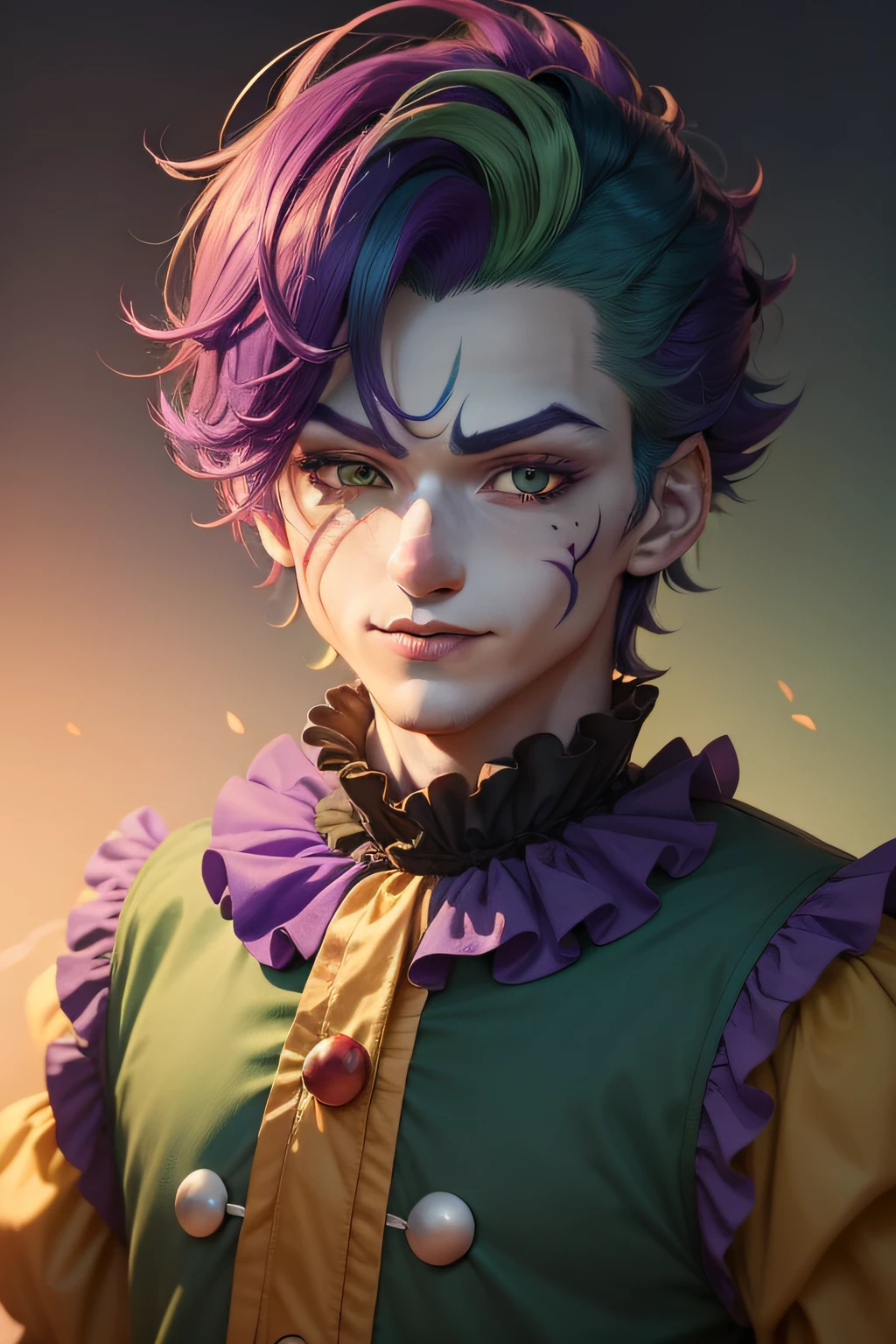 Clown avatar，Close-up of the head，Only head and shoulder positions are shown，ember，Wallpapers，Anime handsome boy，Green hair，Purple colored hair，Hair has gradient color，Black suit，white backgrounid，Red round nose of the clown，Clown's mouth，Handsome nose，Pointed chin，Azure pupils，ssmile，年轻