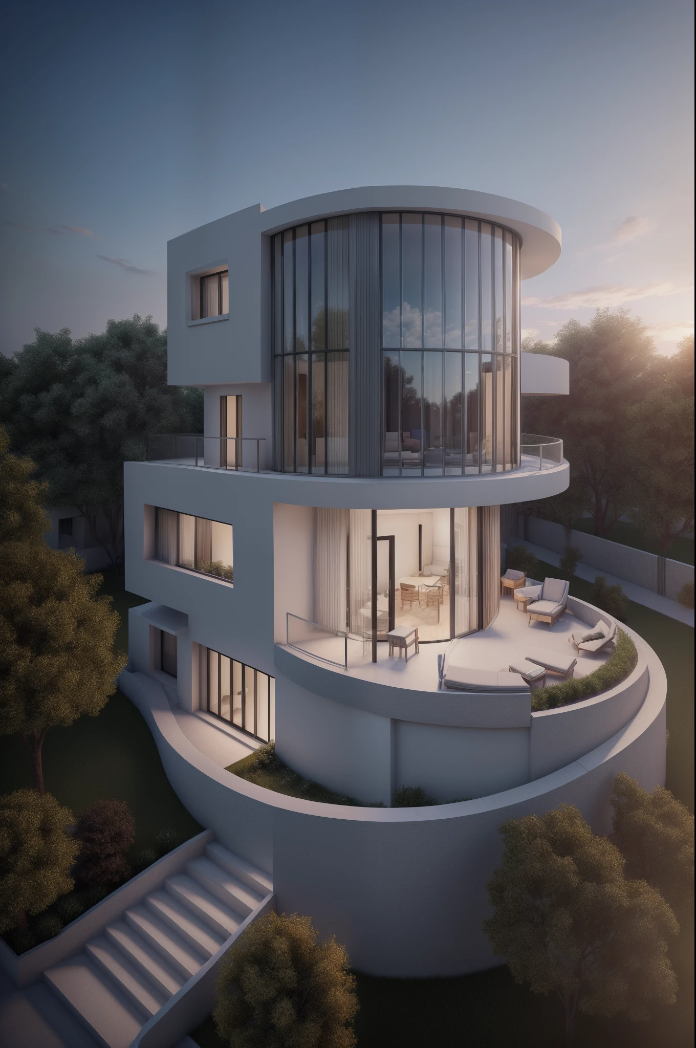 ((Masterpiece)),ultra realistic,32k,ultra-detailed 8k unity CG wallpaper, best quality, isometric, high detail, 8k, cinematic lighting, super fine resolution, ((( Sharp focus: 1.3)), modern house, modern building, round shape