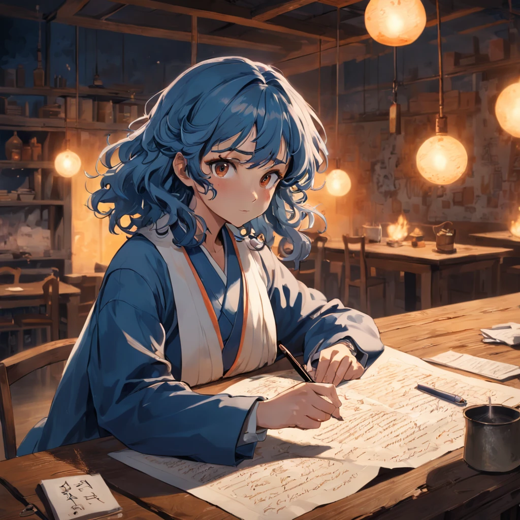 obra-prima, melhor qualidade, filme ainda, a curly-haired calligrapher on a rustic table, imerso em sua escrita, with a concentrated and inspired expression. Ao redor dele, coloque pilhas de manuscritos, penas e tinteiros, Papers scribbled with notes and a steaming cup of coffee. The sky above is tinged in soft shades of blue and orange, sugerindo o nascer do sol ou entardecer, The scattered clouds in the sky form subtle outlines of letters and words, floating into the sky, close-up, brilhante, feliz, Soft lighting and Warm, sun sunset, (Sparks: 0,7)