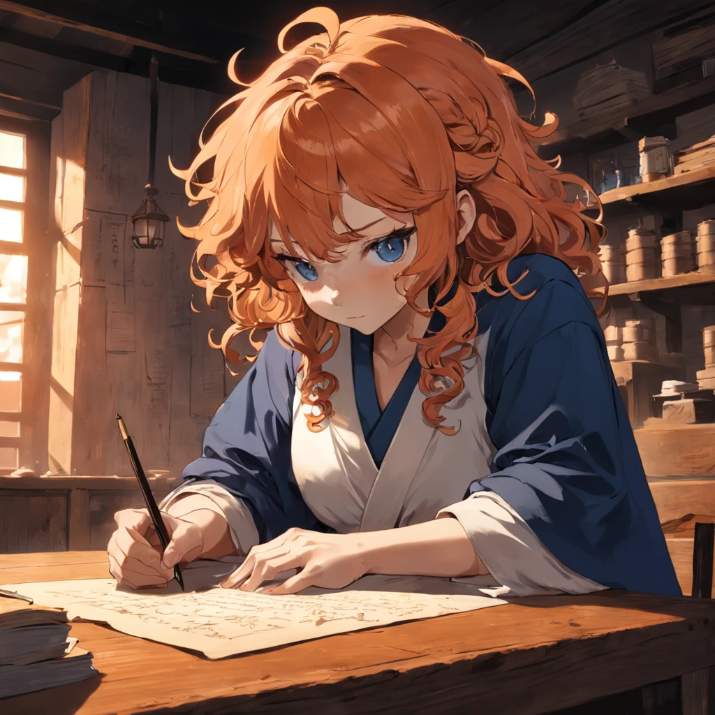 obra-prima, melhor qualidade, filme ainda, a curly-haired calligrapher on a rustic table, imerso em sua escrita, with a concentrated and inspired expression. Ao redor dele, coloque pilhas de manuscritos, penas e tinteiros, Papers scribbled with notes and a steaming cup of coffee. The sky above is tinged in soft shades of blue and orange, sugerindo o nascer do sol ou entardecer, The scattered clouds in the sky form subtle outlines of letters and words, floating into the sky, close-up, brilhante, feliz, Soft lighting and Warm, sun sunset, (Sparks: 0,7)