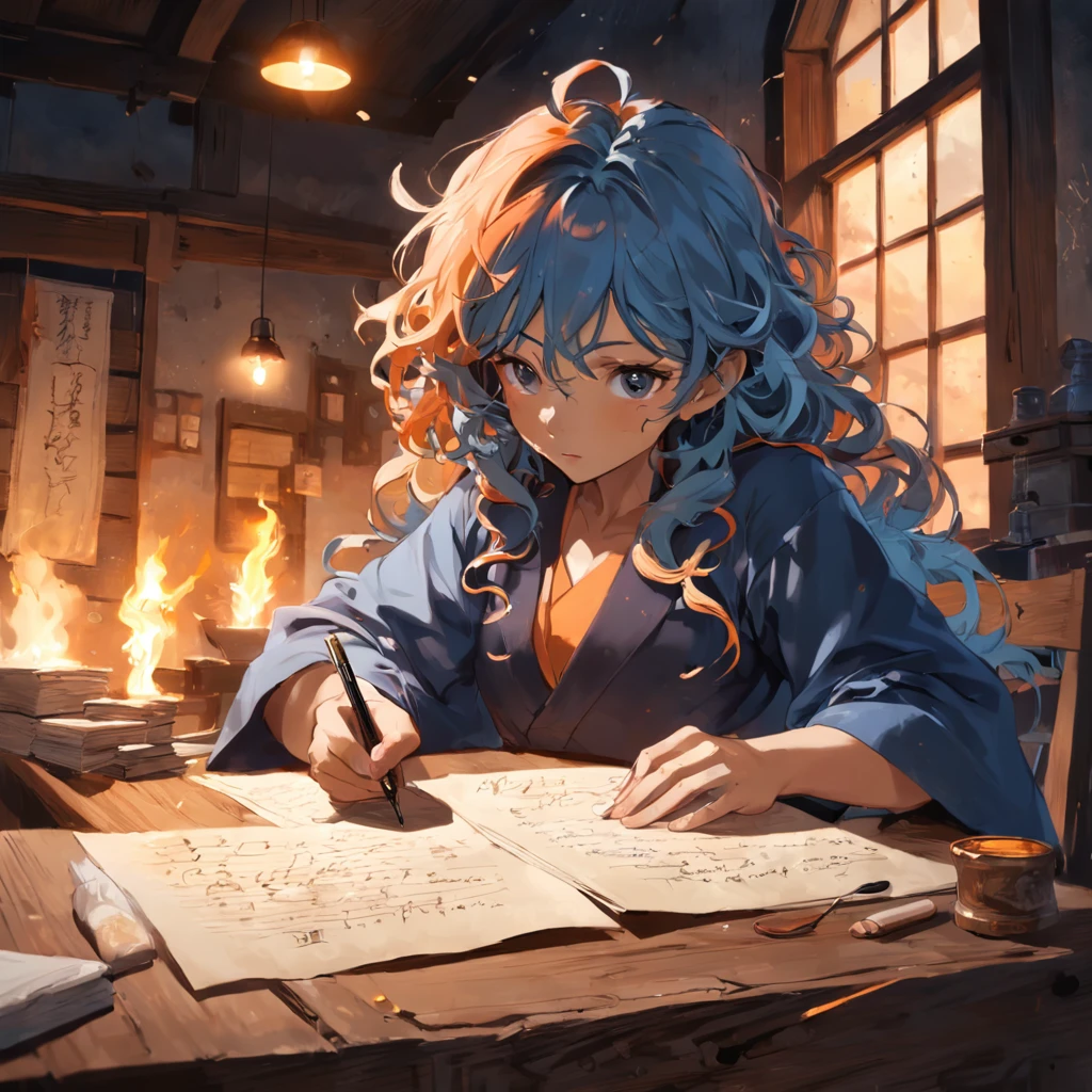 obra-prima, melhor qualidade, filme ainda, a curly-haired calligrapher on a rustic table, imerso em sua escrita, with a concentrated and inspired expression. Ao redor dele, coloque pilhas de manuscritos, penas e tinteiros, Papers scribbled with notes and a steaming cup of coffee. The sky above is tinged in soft shades of blue and orange, sugerindo o nascer do sol ou entardecer, The scattered clouds in the sky form subtle outlines of letters and words, floating into the sky, close-up, brilhante, feliz, Soft lighting and Warm, sun sunset, (Sparks: 0,7)