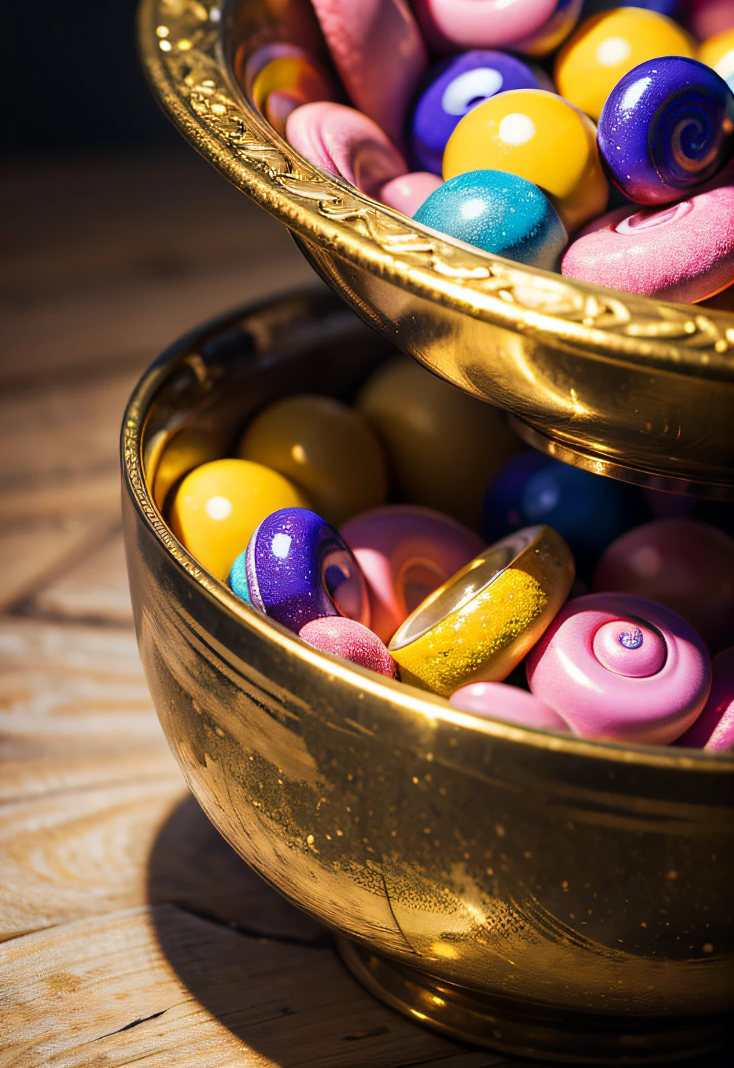 ​masterpiece、top-quality、top-quality、(Close up photo of colorful spiral candy in artistic golden bowl)、ighly detailed、colourfull、highestdetailed