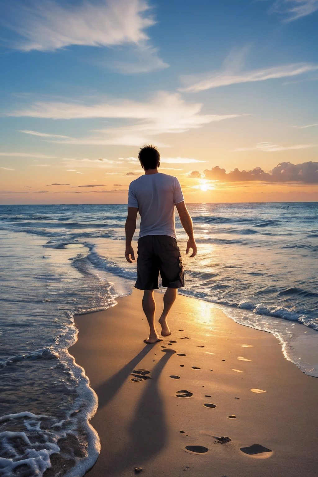 masterpiece, best quality, ultra high res, 1male, beach boy, full body, scenery, smile, ocean, sunset, city, barefoot, footprints, sand, from back, silhouette, wading, standing on liquid