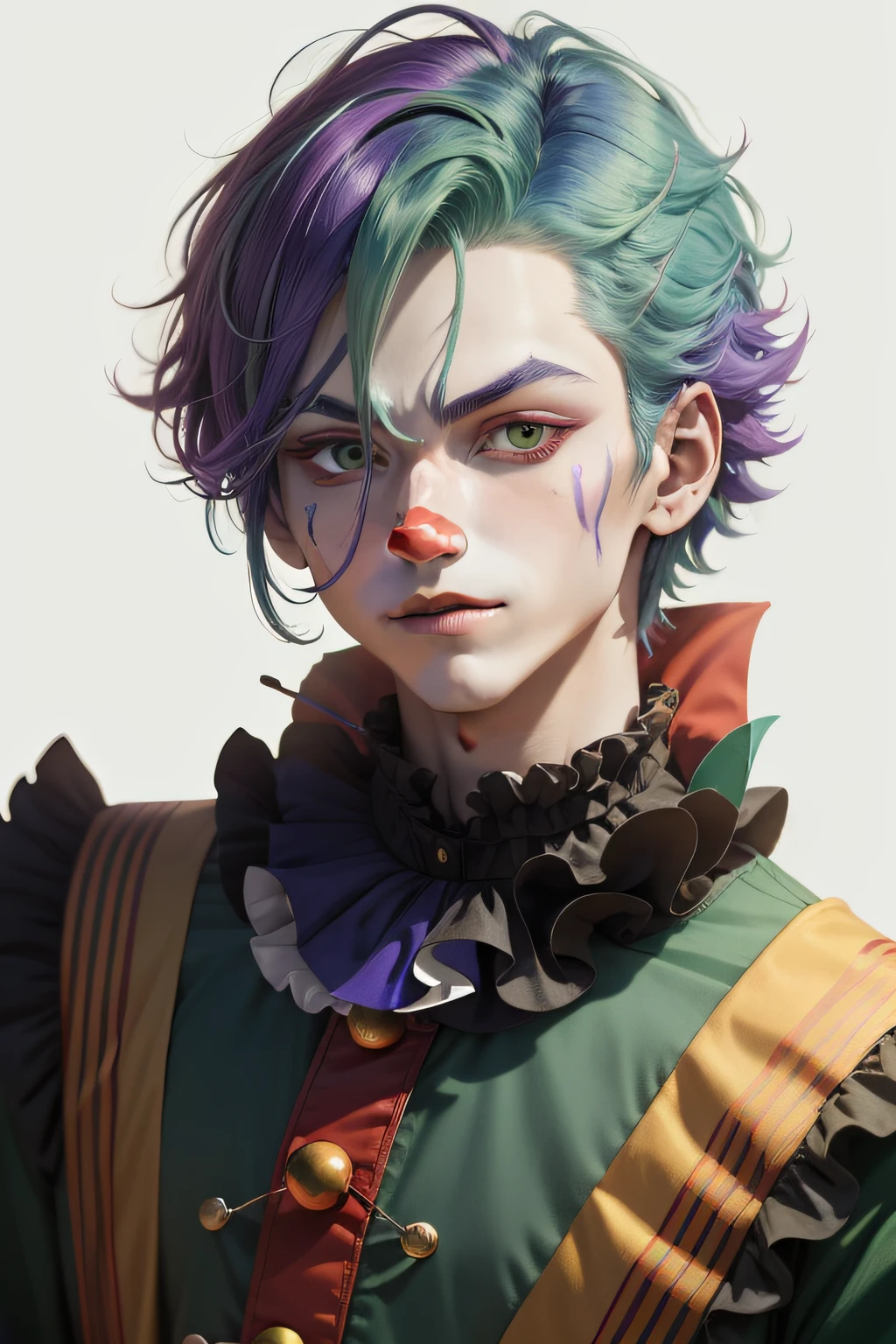 Clown avatar，Close-up of the head，Only head and shoulder positions are shown，ember，Wallpapers，Anime handsome boy，Green hair，Purple colored hair，Hair has gradient color，Black suit，white backgrounid，Red round nose of the clown，Clown's mouth，Handsome nose，Pointed chin，Azure pupils，ssmile，年轻