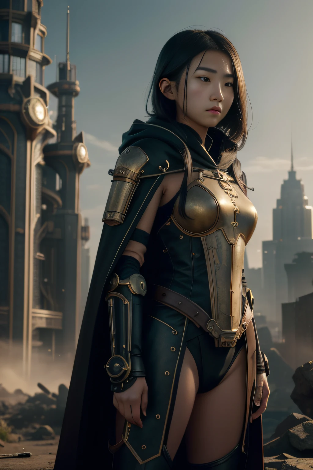 1 girl, young, , Asian, full body from head to toe, Realistic, Realistic face, worried, looks over shoulder, side lighting, wallpaper, looks at viewer, futuristic steampunk buildings in background, Long cape and hood, earth ground, exterior, hold a crossbow, fight steampunk robots, dragon logo, (((((NAKED))))),