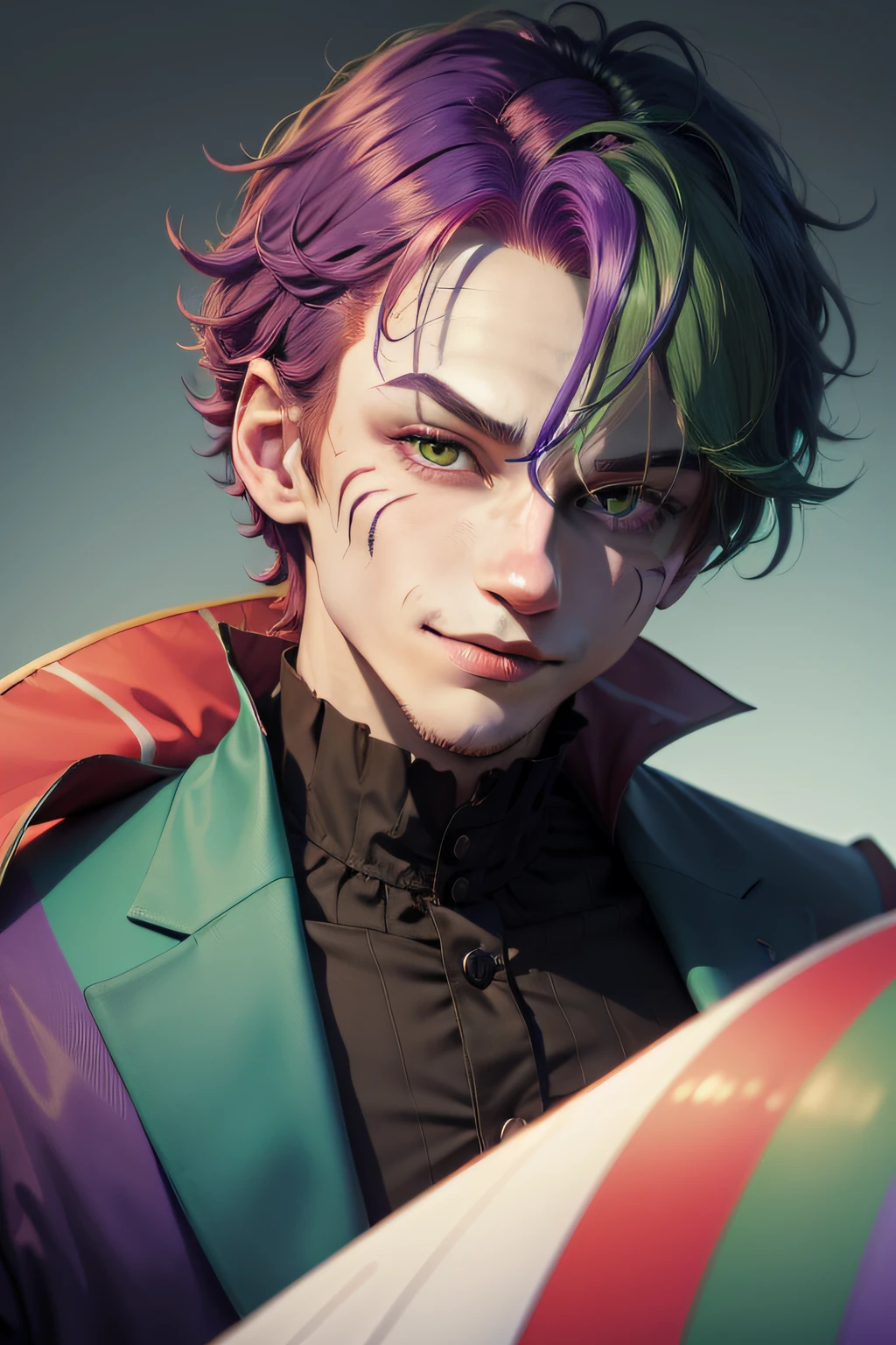 Clown avatar,Close-up of the head,Only head and shoulder positions are shown,ember,Wallpapers,Anime handsome boy,Green hair,Purple colored hair,Hair has gradient color,Black suit,white backgrounid,Red round nose of the clown,Clown's mouth,Handsome nose,Pointed chin,Azure pupils,ssmile,年轻