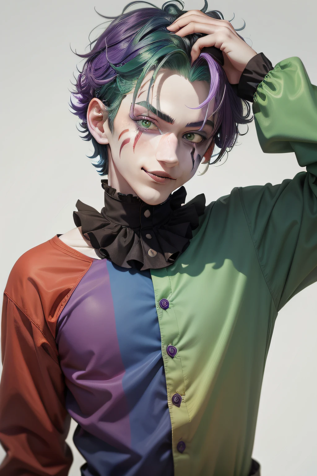 Clown avatar，Close-up of the head，Only head and shoulder positions are shown，ember，Wallpapers，Anime handsome boy，Green hair，Purple colored hair，Hair has gradient color，Black suit，white backgrounid，Red round nose of the clown，Clown's mouth，Handsome nose，Pointed chin，Azure pupils，ssmile，年轻
