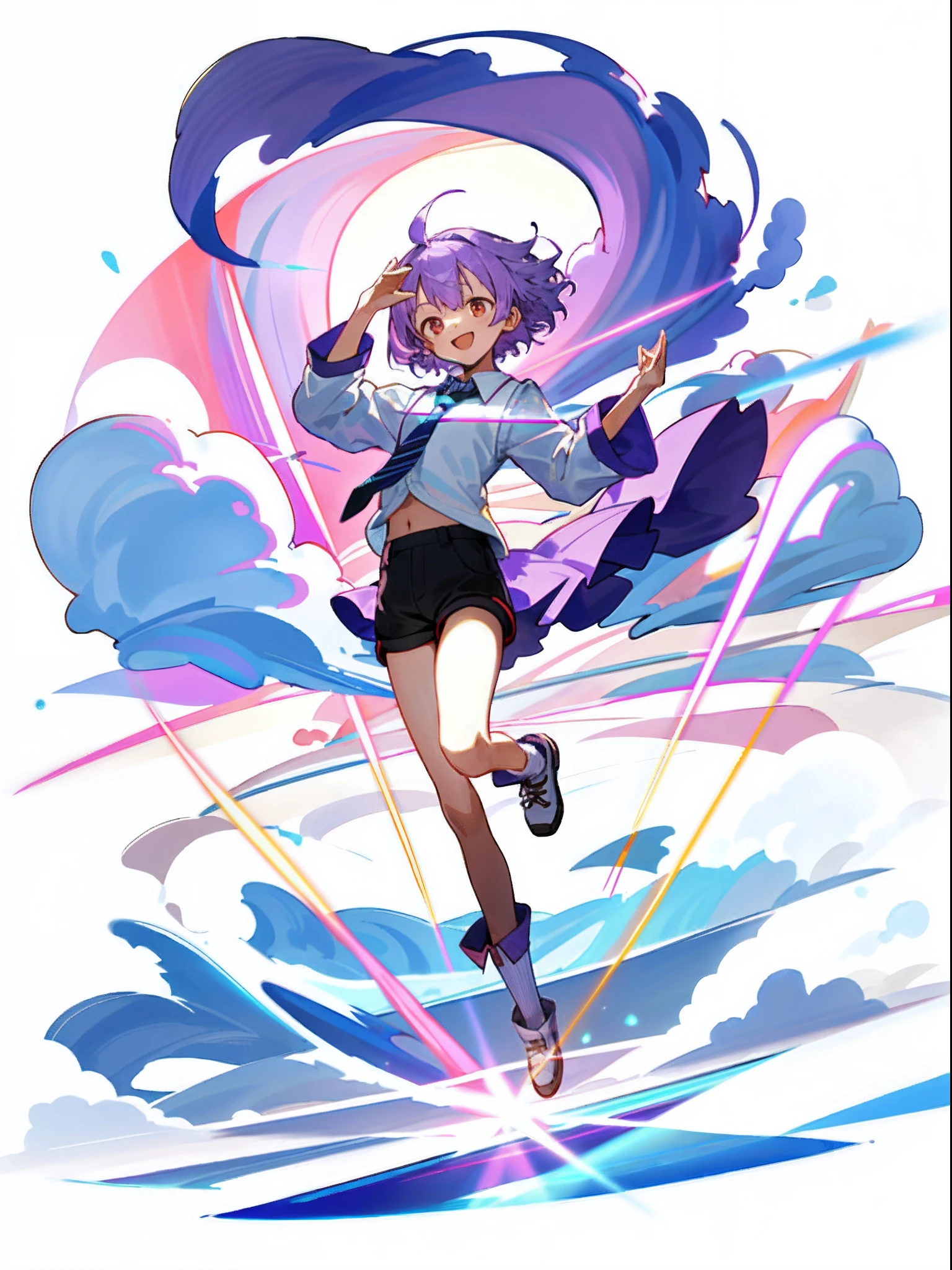 [（Pink cloud background)]，[(White background:1.5)::5]（isometric：1.0），simplebackground， 1girls， Midshot， (full - body)， Cloud waves, Light source, light particles,（arma\）,purple hair, short hair, Golden eyes，Bounce，Standing painting style，Short girl，Cutes，Open mouth and smile, dynamism，black hotpants，Dynamic，One leg bent，Jump up, fox girl, witch, stylish pose, perfect anatomy, necktie, one hands up
