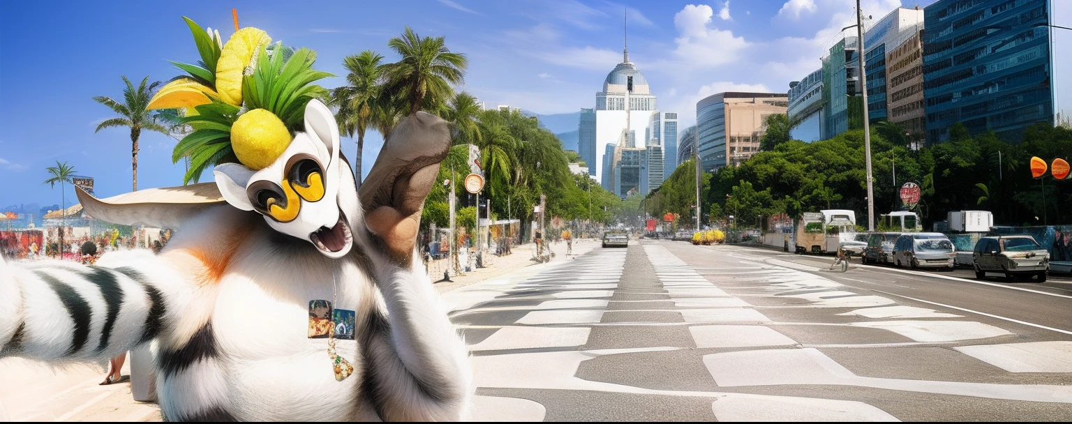 lemure, All Hail King Julien , with a pineapple on his head on a street, em Zootopia City, 🐋 as 🐘 as 🤖 as 👽 as 🐳, Rio de Janeiro em um filme de anime, inspired by Antônio Parreiras, vacation photo, avenida paulista, rio de janeiro, tourist photo, salvador, inspired by Nuno Gonçalves