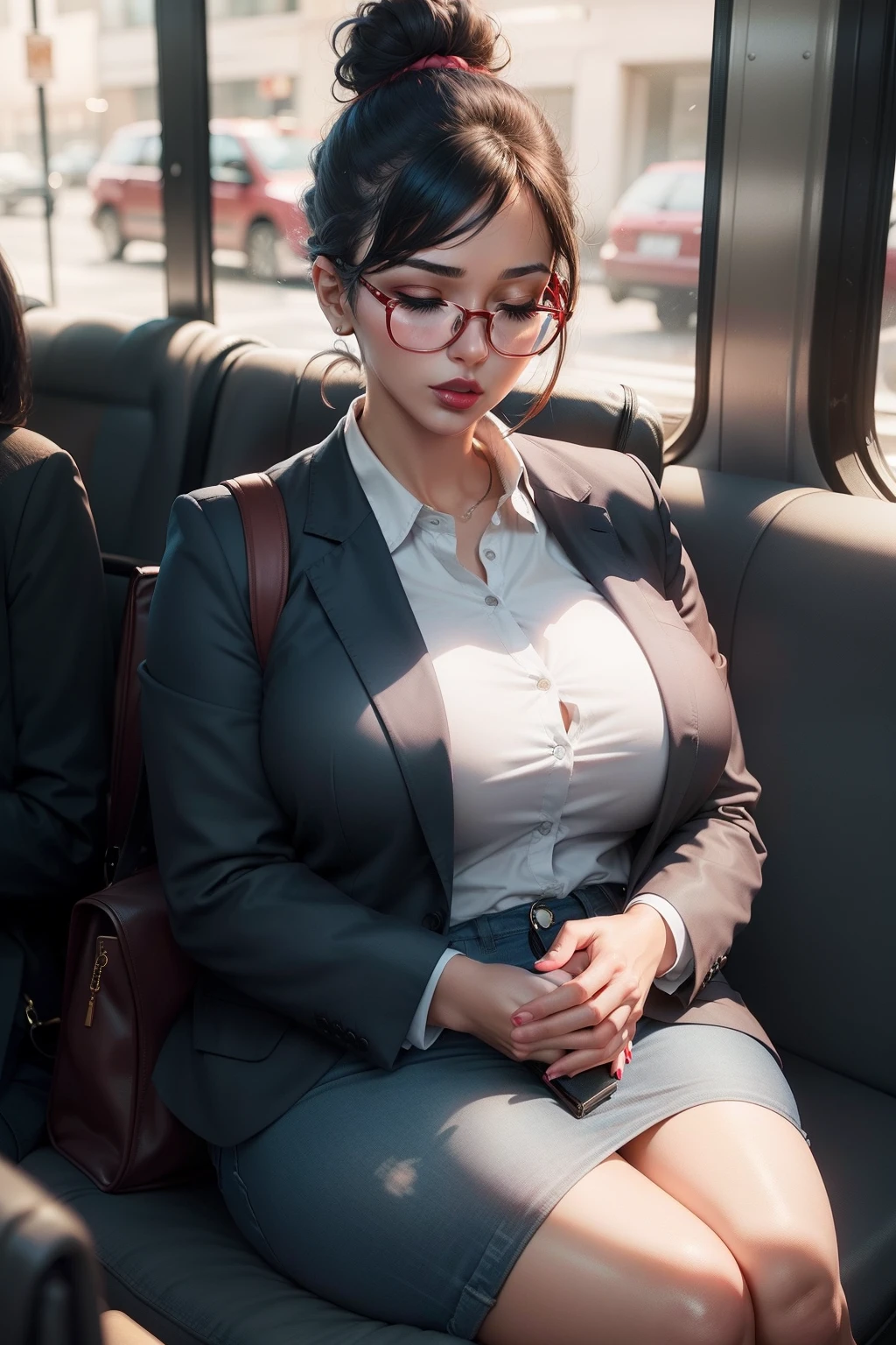 1 beautiful woman, adult, large body, short hair, hair gathered in a bun, glasses, eyelids outlined, eyelids made up, red lips, gray blazer, blue jeans, sleeping sitting on the bus, black bag, mouth open, eyes closed.