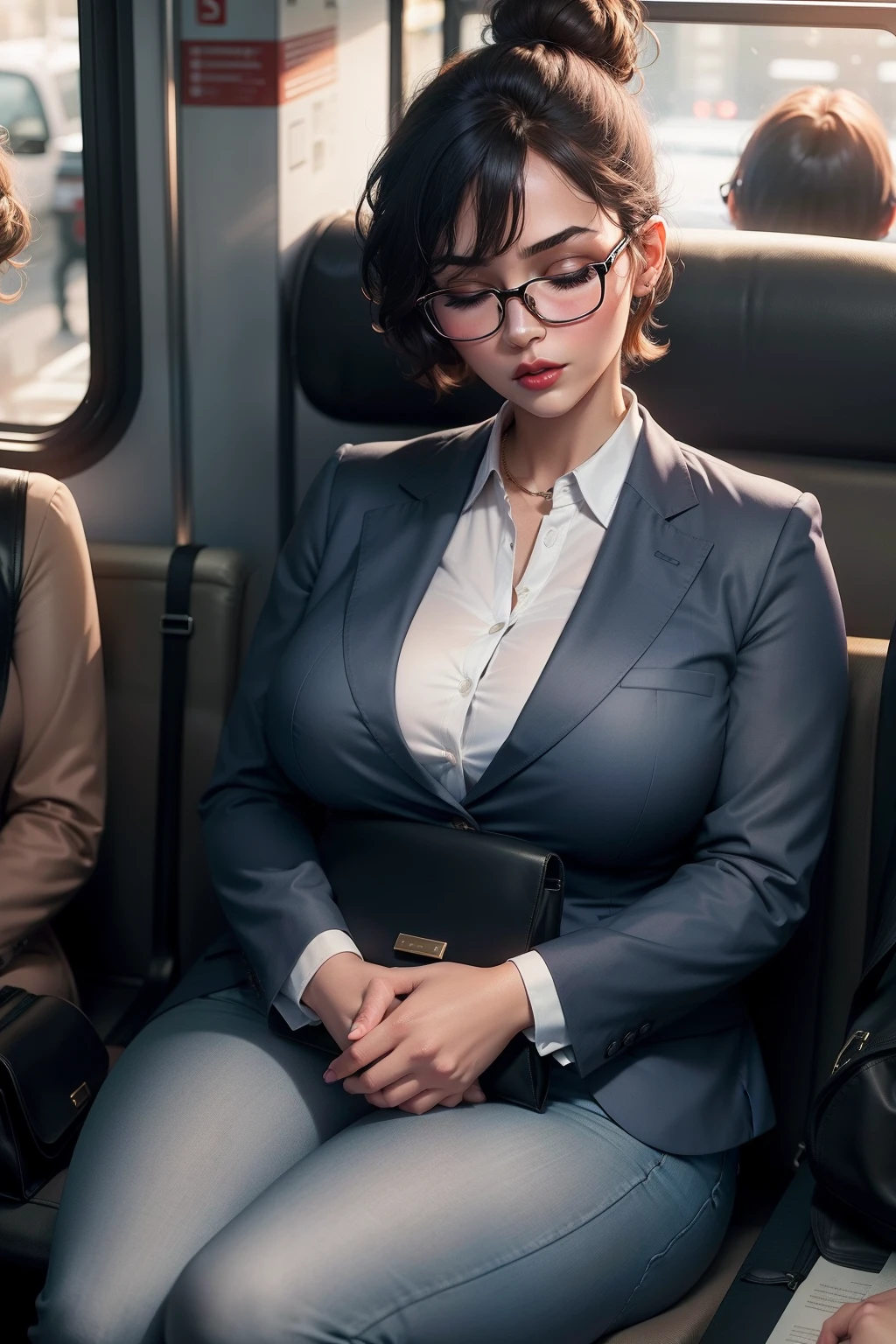 1 beautiful woman, adult, large body, short hair, hair gathered in a bun, glasses, eyelids outlined, eyelids made up, red lips, gray blazer, blue jeans, sleeping sitting on the bus, black bag, mouth open, eyes closed.
