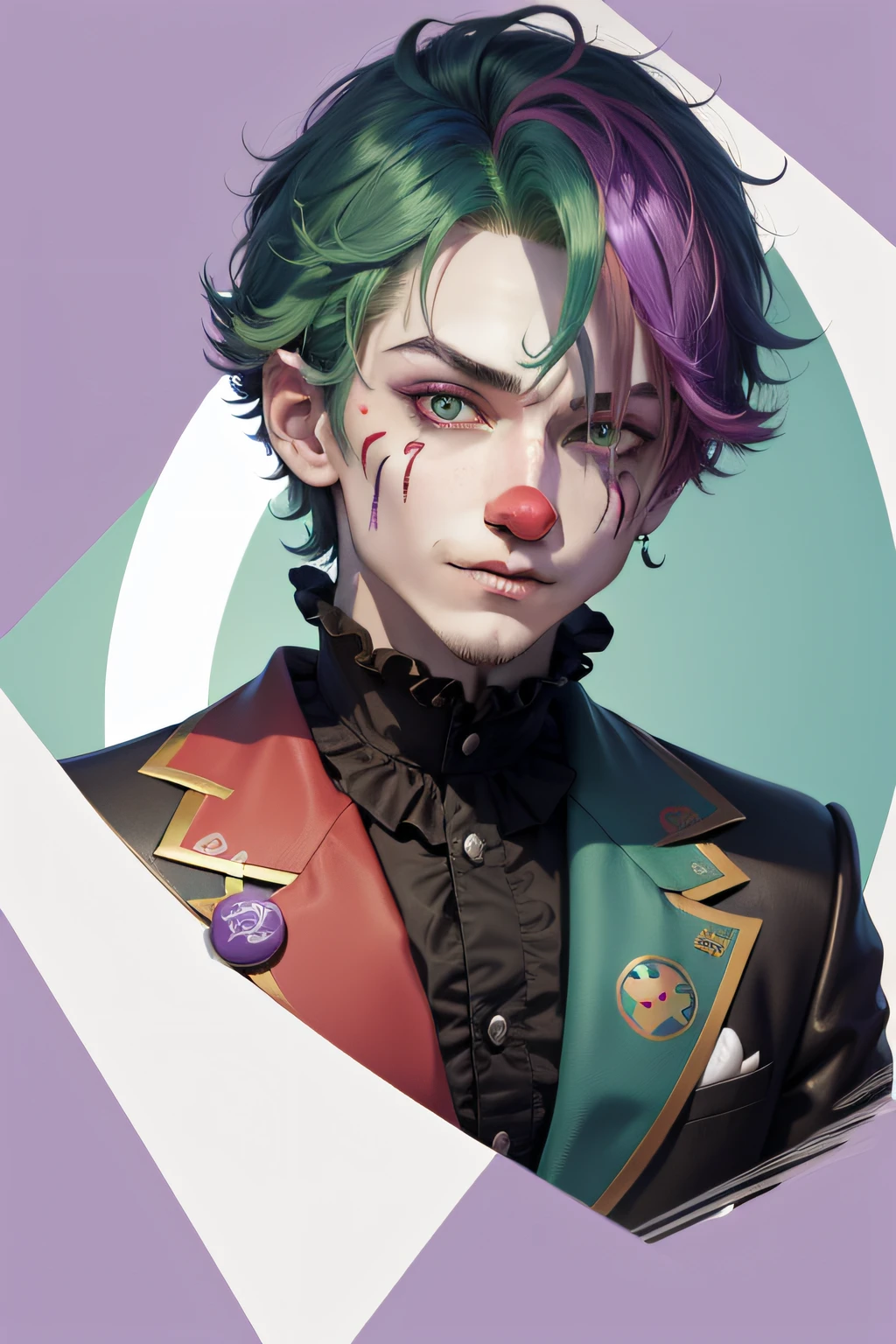 Clown avatar，Close-up of the head，Only head and shoulder positions are shown，ember，Wallpapers，Anime handsome boy，Green hair，Purple colored hair，Hair has gradient color，Black suit，white backgrounid，Red round nose of the clown，Clown's mouth，Handsome nose，Pointed chin，Azure pupils，ssmile，年轻