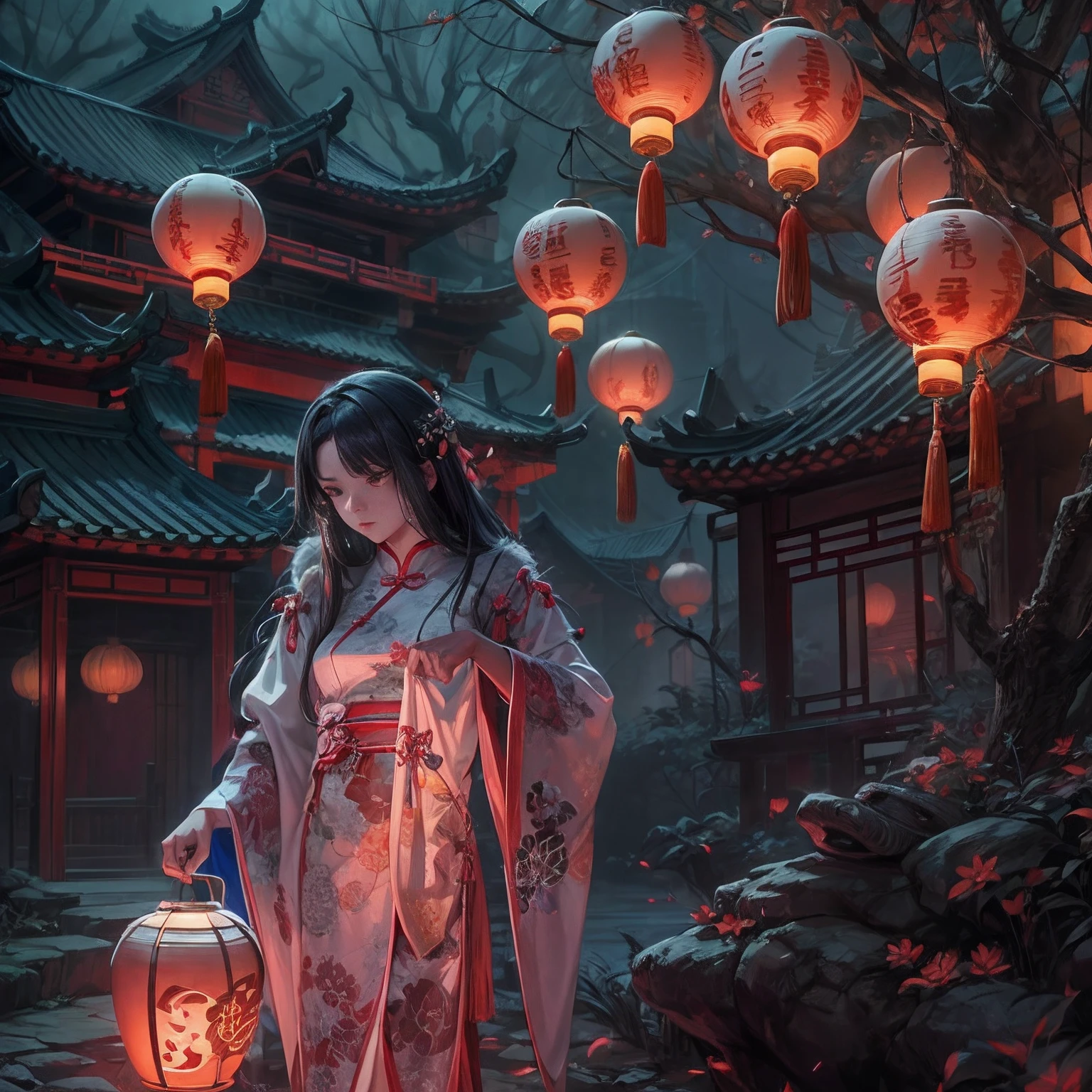 Chinese Ghost Festival，Middle Metaverse，The breath of a ghost，1girll，White robe，The streets at night，Chinese lanterns hanging from Chinese-style houses on both sides of the street，Spooky branch texture，Detailed depiction of Chinese lanterns，Transparent girl floating in smoke，Wear Chinese Hanfu，Chinese lanterns hanging from trees，shadowy lighting，The Chinese style is rich in color，Background bokeh，depth of fields，Lantern light,arte de terror，Funk，Unified 8K wallpapers，ultra - detailed，Beauty and aesthetics，tmasterpiece，Best quality at best，（zentangle，datura，Tangles，entangled：0.5）Creepy weirdness，terroral，horrid，horrid，horrid，真实感，by bruce pennington，author：Giger, tsutomu nihei, wayne barlowe, Zdzislaw Beksinski, rendering by octane, art  stations, 8K, CGSesociety, cinematic ligh, high detal, wide - angle shot, iintricate