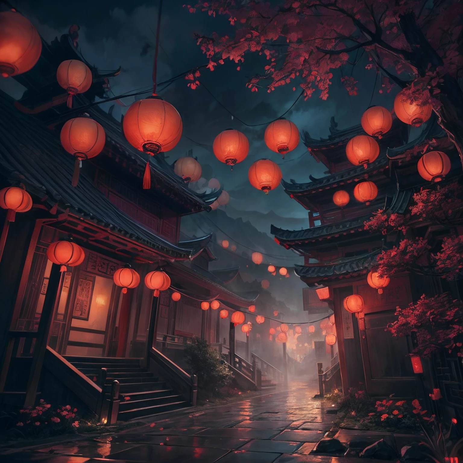 Chinese Ghost Festival,Middle Metaverse,The breath of a ghost,1girll,White robe,The streets at night,Chinese lanterns hanging from Chinese-style houses on both sides of the street,Spooky branch texture,Detailed depiction of Chinese lanterns,Transparent girl floating in smoke,Wear Chinese Hanfu,Chinese lanterns hanging from trees,shadowy lighting,The Chinese style is rich in color,Background bokeh,depth of fields,Lantern light,arte de terror,Funk,Unified 8K wallpapers,ultra - detailed,Beauty and aesthetics,tmasterpiece,Best quality at best,(zentangle,datura,Tangles,entangled:0.5)Creepy weirdness,terroral,horrid,horrid,horrid,真实感,by bruce pennington,author:Giger, tsutomu nihei, wayne barlowe, Zdzislaw Beksinski, rendering by octane, art stations, 8K, CGSesociety, cinematic ligh, high detal, wide - angle shot, iintricate