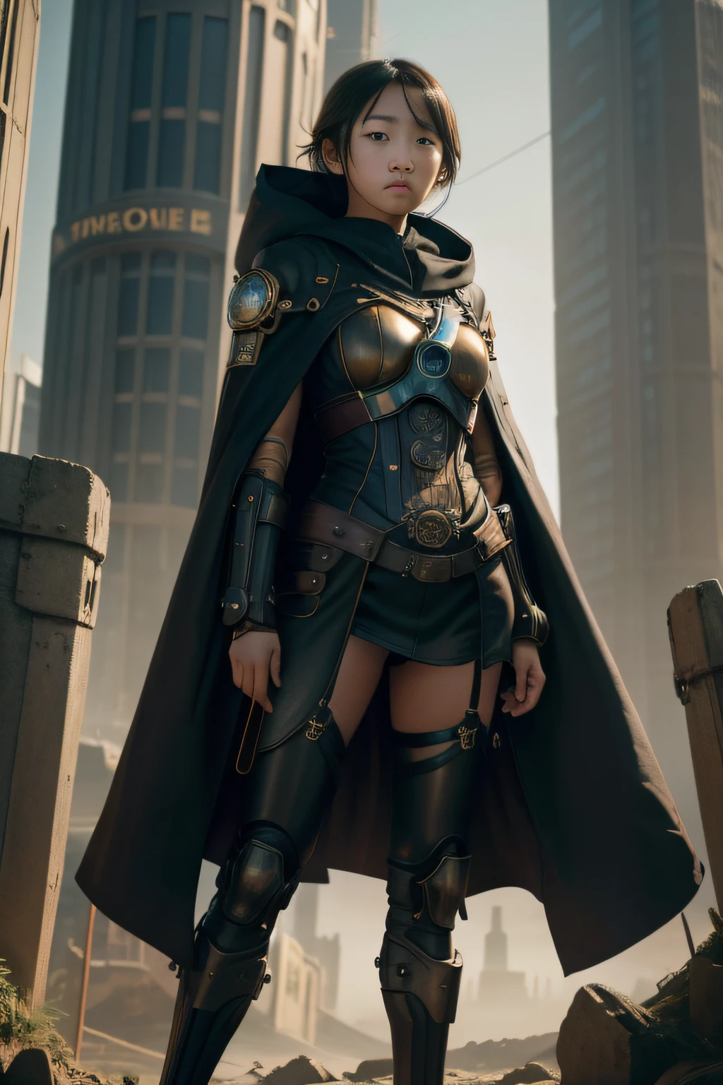 1 girl, young, , Asian, full body from head to toe, Realistic, Realistic face, worried, looks over shoulder, side lighting, wallpaper, looks at viewer, futuristic steampunk buildings in background, Long cape and hood, earth ground, exterior, hold a crossbow, fight steampunk robots, dragon logo,