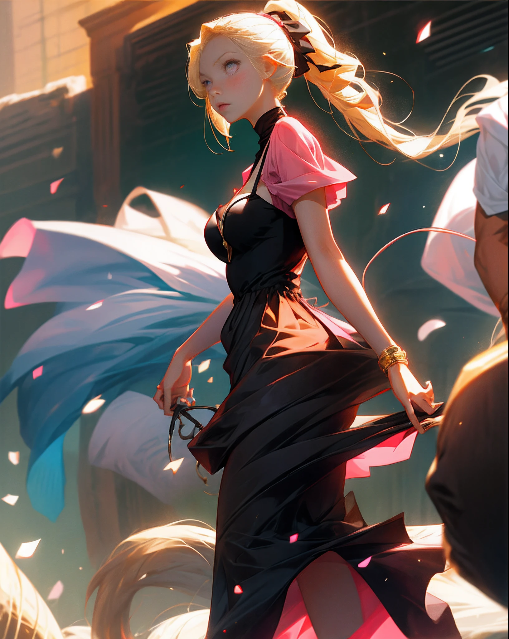 Rat ears，Rat tail，blond hairbl，black color dress，Pink eyes，quadratic element，Beautiful girl，城市，anime big breast