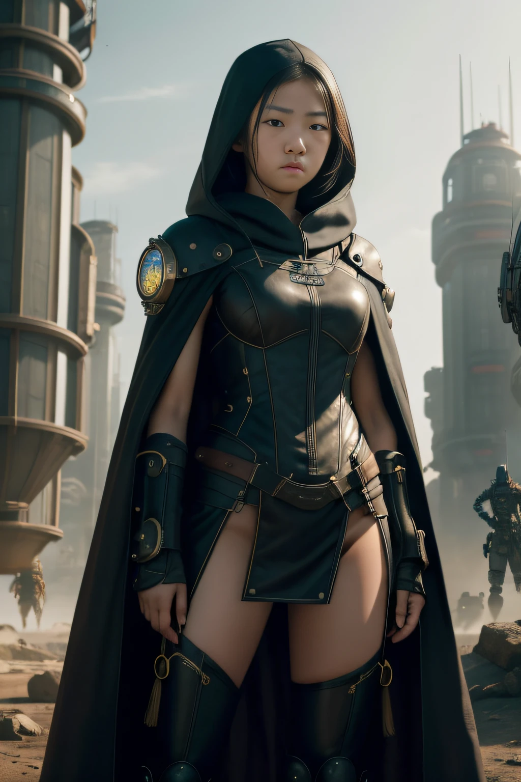 1 girl, young, 16 years old, Asian, full body from head to toe, Realistic, Realistic face, worried, looks over shoulder, side lighting, wallpaper, looks at viewer, futuristic steampunk buildings in background, Long cape and hood, earth ground, exterior, hold a crossbow, fight steampunk robots, dragon logo,