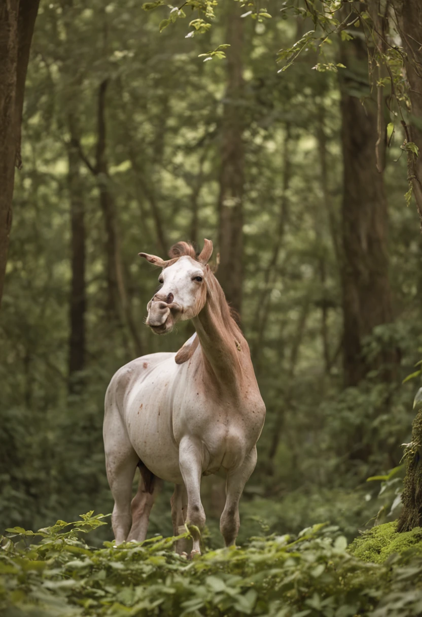 uma ninfeta caucasiana nua transando com um centauro em uma floresta escura