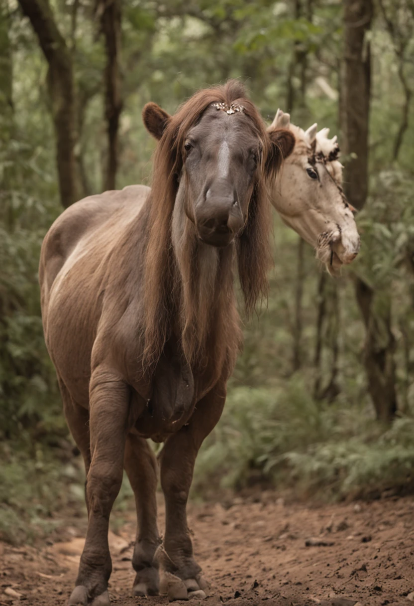 uma ninfeta caucasiana nua transando com um centauro em uma floresta escura
