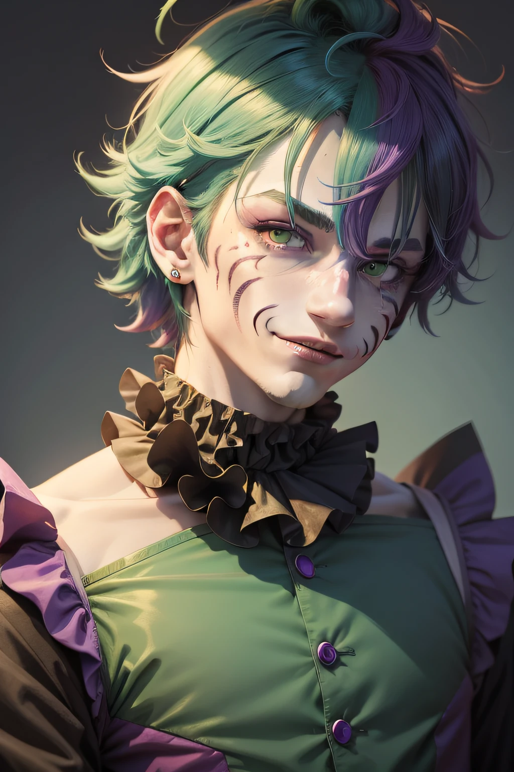 Clown avatar,Close-up of the head,Only head and shoulder positions are shown,ember,Wallpapers,Anime handsome boy,Green hair,Purple colored hair,Hair has gradient color,Black suit,white backgrounid,Red round nose of the clown,Clown's mouth,Handsome nose,Pointed chin,Azure pupils,ssmile,年轻