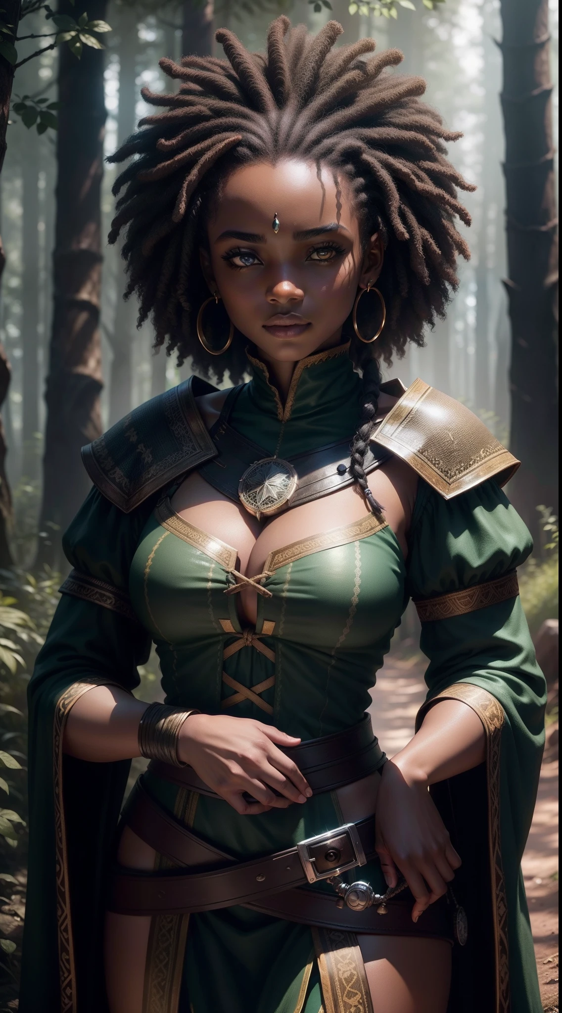 Afro black girl, the witcher costum, photography style, realistic, 100mm lens, blurry background, 1.8 aperture, forest, 4k, 8k, high-quality, raytracing