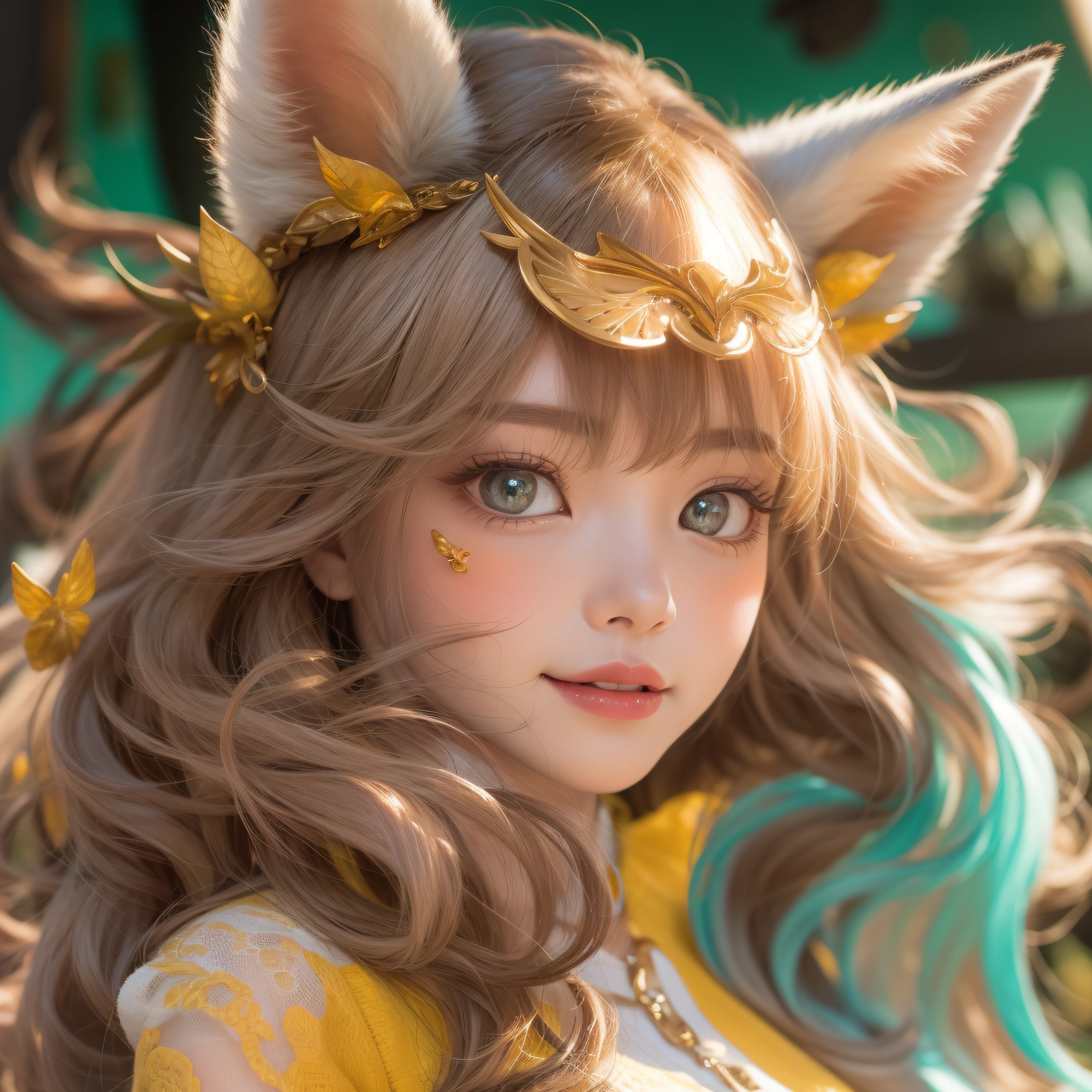 Wear a fox-faced object on your head、Wear a fox-faced object on your head、Close up of fox brown smile with open mouth、(realisitic、hight resolution)、(1 girl in)、Do-Up Eye、Korean Girl、(Best Quality), (masutepiece), (1girl in), Solo, a beauty girl, Perfect face, Big Breast,dreamlikeart、Highly detailed airbrush art((Surreal))、Volumetric lighting、(top-quality)、The ultra-detailliert、(The composition of the movement:1.4)、Highly detailed colorful details、(Bright lighting)、dynamic compositions、Ray traching、The mirror reflects light、Shallow depth of field、ultra-detailliert、mixing  exposure、nffsw、Her eyes shine golden brown、Staring at the fox-colored sea。Her fox-colored face is、Full of adventure anticipation and courage.、A smile appears on her fox-colored lips。 At the rear、The sun is slowly tilting to the west。Its light brings golden light to the surface of the sea、The swaying waves create a beautiful scene。Her eyes are clearly golden brown。Lots of fox colors、