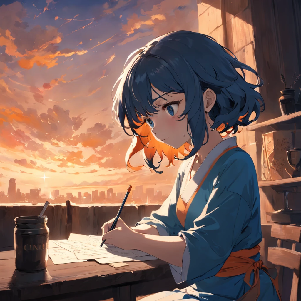 obra-prima, melhor qualidade, filme ainda, a curly-haired calligrapher, brasileira, morena, at a rustic table, imerso em sua escrita, with a concentrated and inspired expression. Ao redor dele, coloque pilhas de manuscritos, penas e tinteiros, Papers scribbled with notes and a steaming cup of coffee. The sky above is tinged in soft shades of blue and orange, sugerindo o nascer do sol ou entardecer, The scattered clouds in the sky form subtle outlines of letters and words, floating into the sky, close-up, brilhante, feliz, Soft lighting and Warm, sun sunset, (Sparks: 0,7)