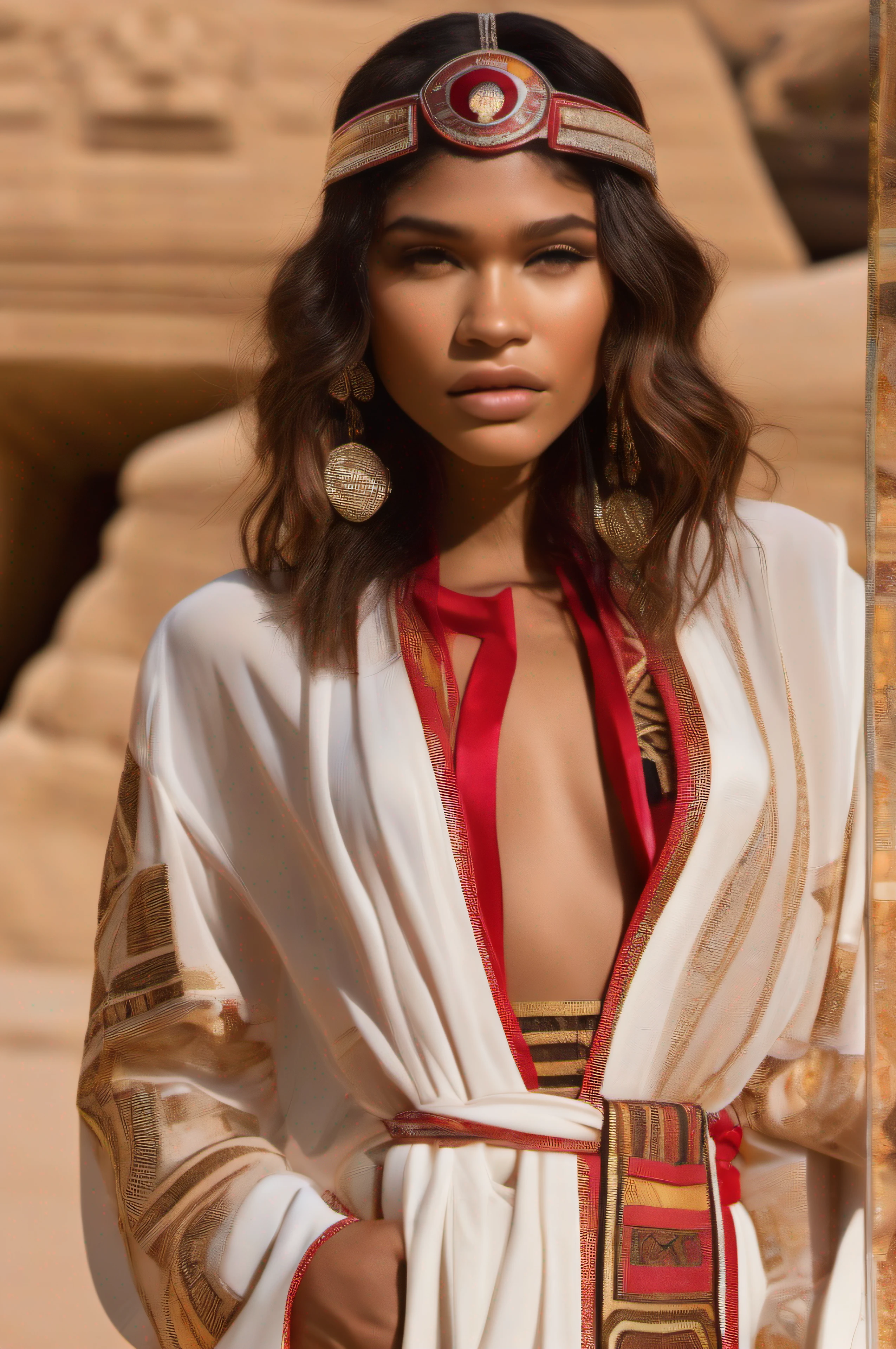 Fashion model, Zendaya wears a short red-golden Egyptian translucent bathrobe, honderd meter for the Sphinx in Egypt