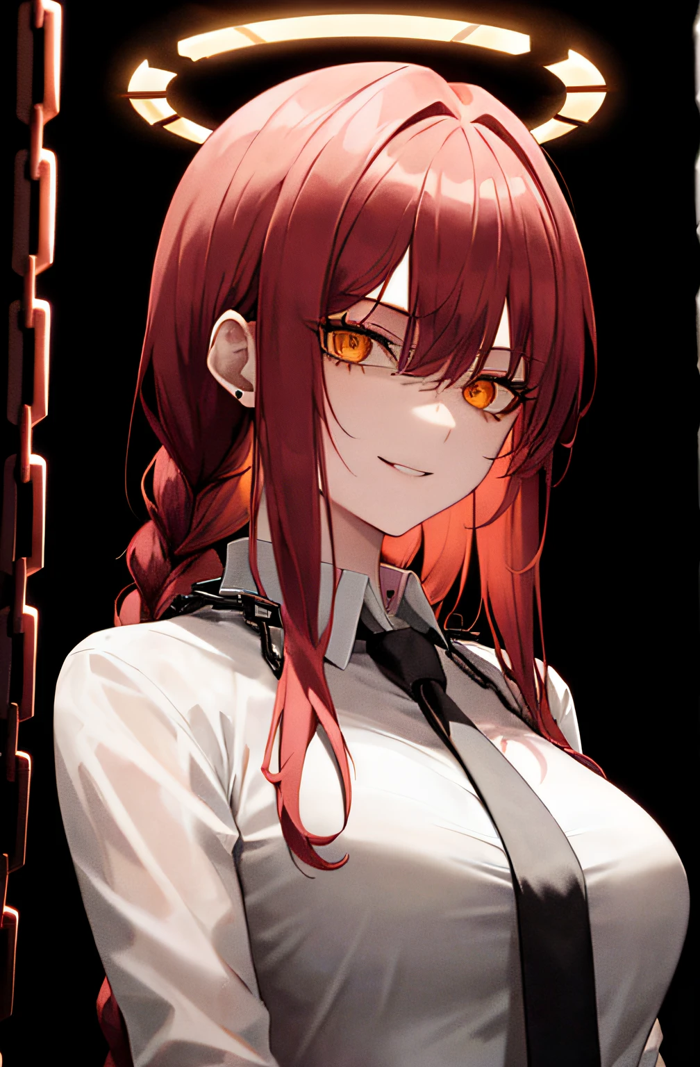masterpiece, best quality, makima \(chainsaw man\), ultra detailed, 1girl, solo, standing, red hair, halo over her head ,a lot blood on her face , badass , cyberpunk, long braided hair, golden eyes, bangs, medium breasts, white shirt, necktie, stare, smile, (evil:1.2), looking at viewer, (interview:1.3), (dark background, chains:1.3), medium breasts, covered
