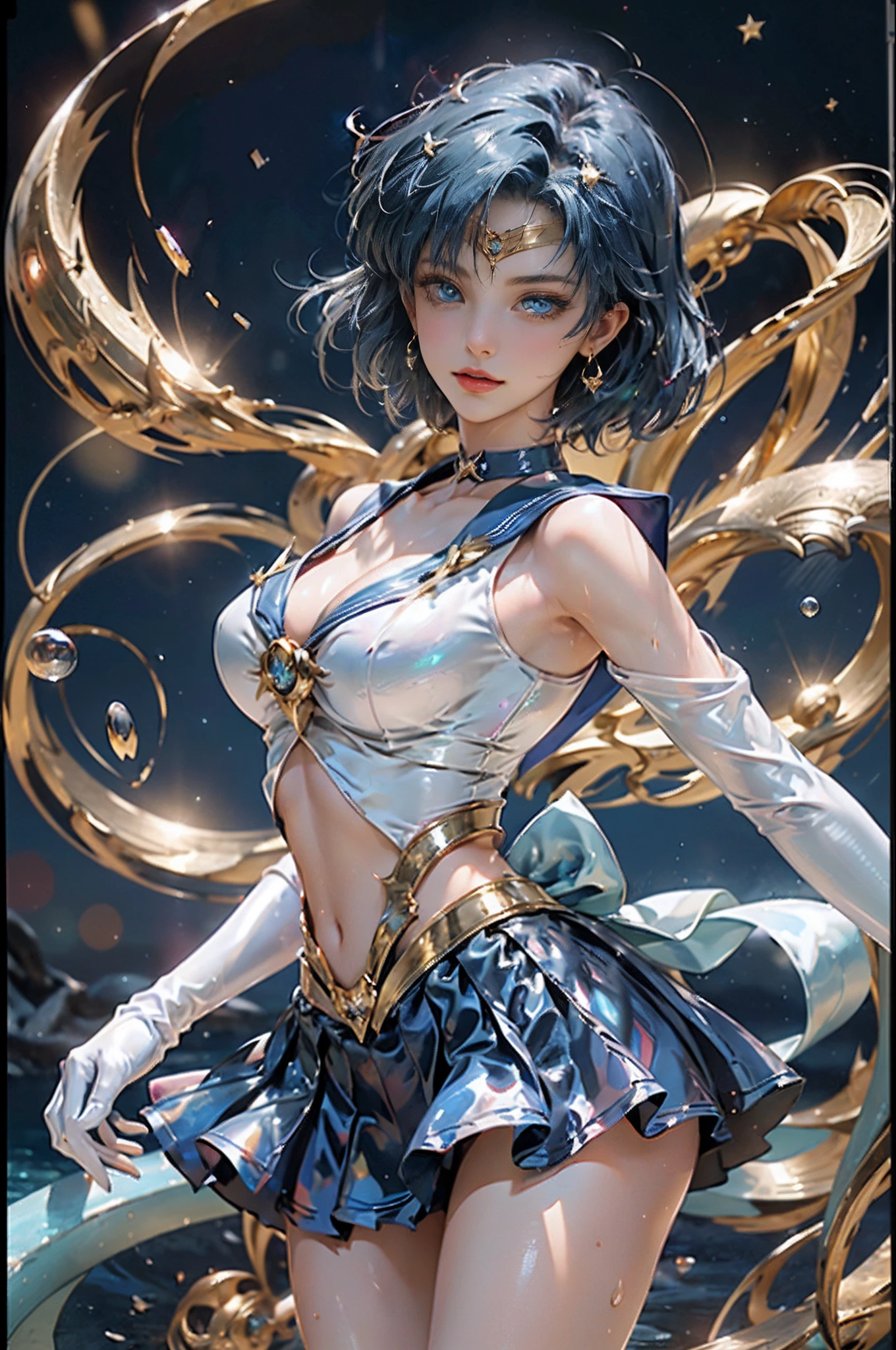 full: 1.3, to stand, masutepiece, 。.。.3D, Realistic, Ultra Micro Photography, of the highest quality, Ultra detailed CG Unity 8K wallpaper,SEXY Model Pose、Dynamic Poses, (Mer1, tiarra, Sailor Senshi Uniform, White Gloves, blue sailor collar, Blue skirt, Sailor Senshi Uniform: 1.2, Sailor Mercury: 1.3, meishaonv), From below, Intricate details, (1 woman), 25 years old, Short hair, Floating short blue hair: 1.2, Sailor Senshi uniform revealed, Shiny blue color sexy pleated mini skirt: 1.3, ((very large blue-colored bow in the center of the chest,,: 1.3, Golden tiara on the forehead: 1.2, Blue gloves on the elbows: 1.2, Bare upper arms: 1.1, Long knee high boots in shiny blue enamel、Luxurious gold decoration: 1.3, Saturated wide blue color, Saturated Blue Sailor Color, Long white latex gloves with luxurious gold decoration: 1.3, very large blue bow behind the waist,,: 1.1, Blue choker, Cleavage looks sexily boldly big: 0.6)), (Very thin and fitting high gloss white holographic leather: 1.3), White silver high leg cut swimsuit,Blue star-shaped earrings, Parted bangs, ((Seductive smile, Very pretty face, Face Details: 1.5, Bright blue eyes, Beautiful face, Beautiful eyes, shiny eyes, thin lips: 1.3, thin and sharp pale eyebrows, long dark eyelashes, Double eyelashes)), Luxurious Golden Jewelry, (Combat stance), Huge splash wing, thin and muscular muscles, Muscular abs, a small face, huge-breasted, Perfect proportions, thin waist, SEXY Model Pose, Visible Pore, Perfect hands: 1.5, Octane Rendering, highly dramatic picture, Strong natural light, Sunlight, exquisite lighting and shadow, Dynamic Angle, DSLR Harp, Focus: 1.0, Maximum clarity and sharpness, (The divinity of water: 1.1, Splash space background, Dynamic water background, Water on Earth: 1.2, Water hair, water bubbles, Dynamic Frames, mercury, Moonlight, Moon, dynamic background, Detail Background)),(mecha musume),kda