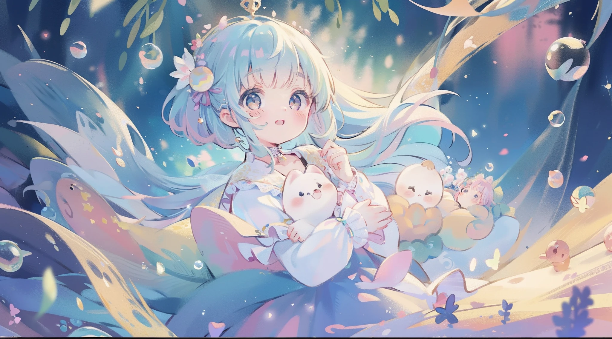 masterpiece, best quality, 8k resolution, sharp focus, intricate detail, beautiful girl, sparkling eyes, golden ratio face, otherworldly liquid, watercolor, pastel colors, bright colors, whimsical, colorful, sharp focus, high resolution, fine detail, ((layered tiered puffy long sleeves ballgown)), ((round eyes)), iridescent bubbles, fantasia background