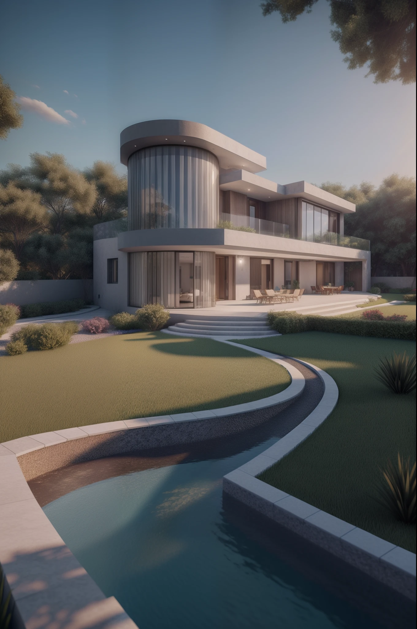 ((Masterpiece)),ultra realistic,32k,ultra-detailed 8k unity CG wallpaper, best quality, isometric, high detail, 8k, cinematic lighting, super fine resolution, ((( Sharp focus: 1.3)), modern house, curved house