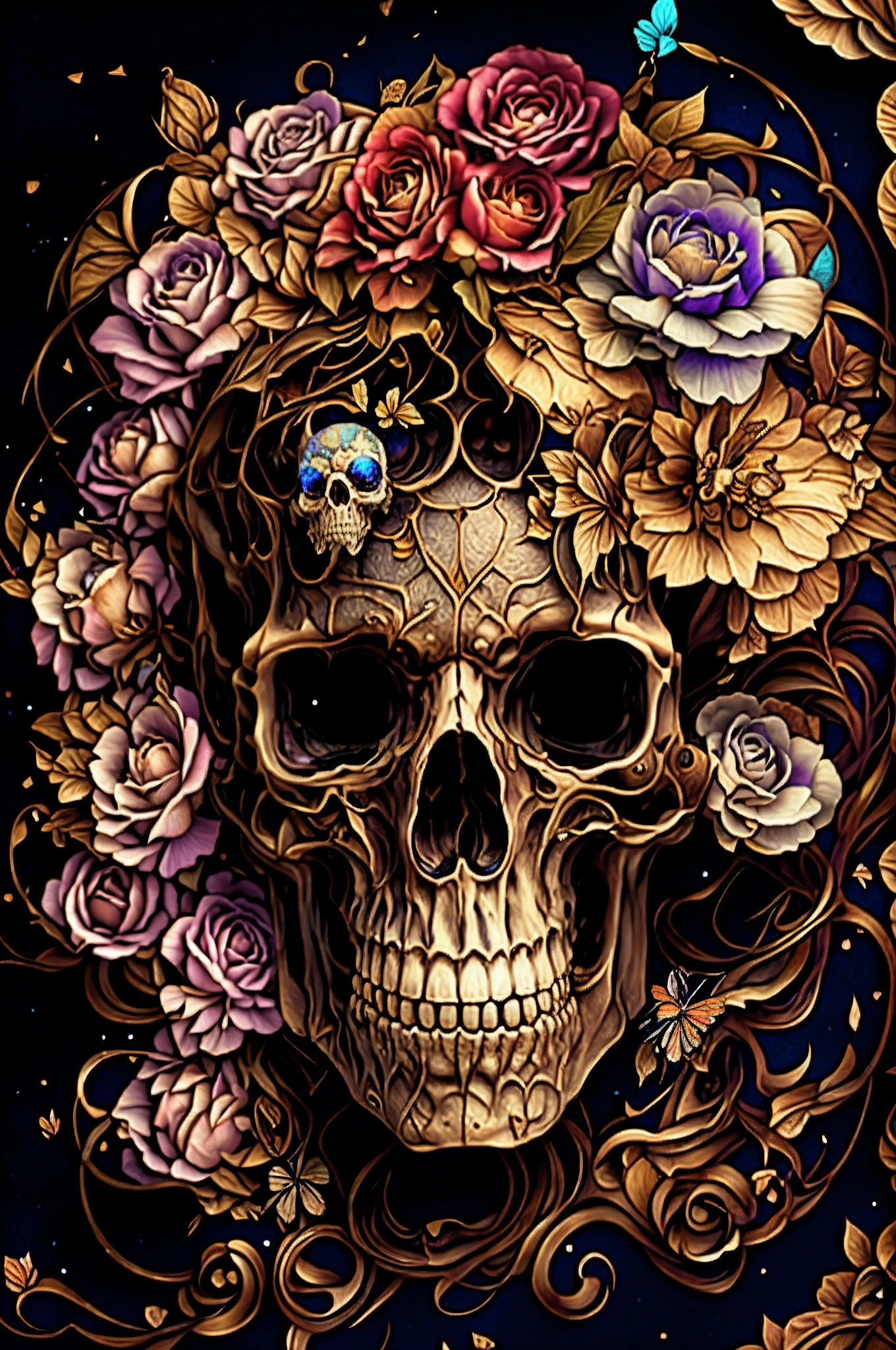 skull with flowers and butterflies in its hair, fantasy skull, scary detailed art in color, sacred skull, full of colors and rich detail, with a crown of skulls, jen bartel, highly detailed digital artwork, stunning artwork, sugar skull, over detailed art, close-up portrait goddess skull, 4 k highly detailed art, beautiful art uhd 4 k, background artwork