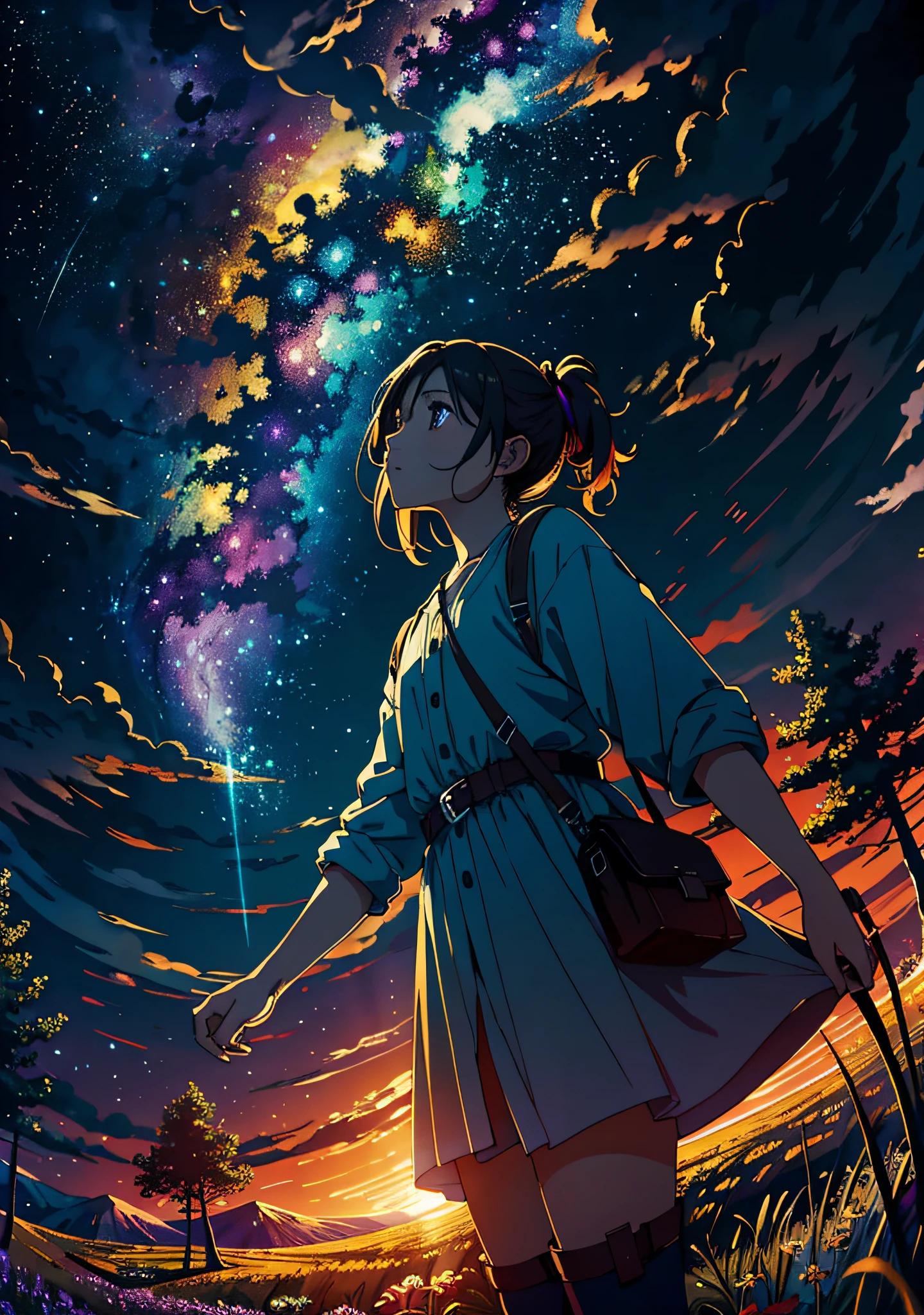 A wide landscape photo, (viewed from below, the sky is above, and the open field is below), a girl standing on a flower field looking up, (full moon: 1.2), (meteor: 0.9), (nebula: 1.3), distant mountains , Trees BREAK Crafting Art, (Warm Light: 1.2), (Firefly: 1.2), Lights, Lots of Purple and Orange, Intricate Details, Volumetric Lighting BREAK (Masterpiece: 1.2), (Best Quality), 4k, Ultra Detailed, (Dynamic Composition: 1.4), Rich in Detail and Color, (Rainbow Color: 1.2), (Glow, Atmospheric Lighting), Dreamy, Magical, (Solo: 1.2)