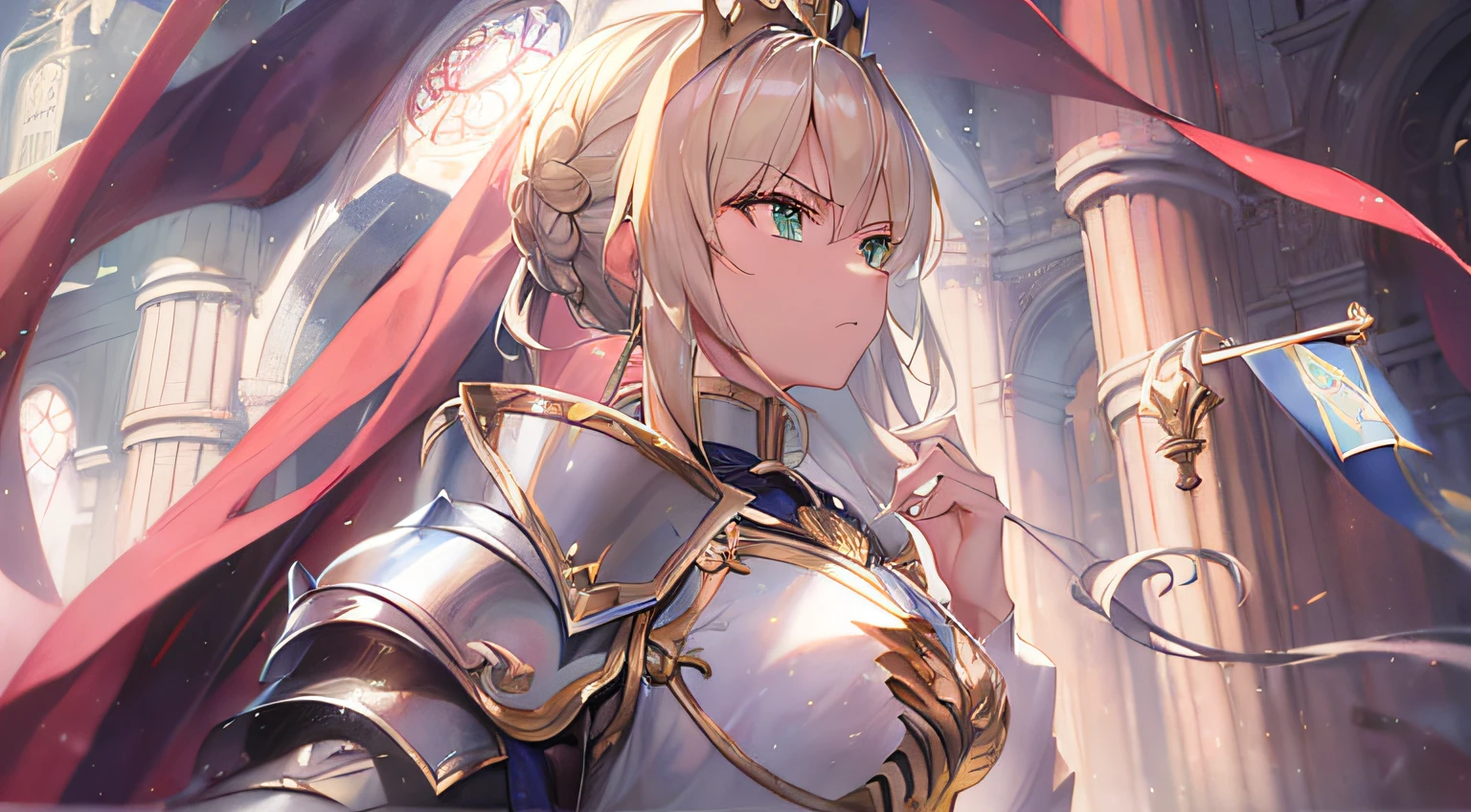 ((Best quality, 8K, Masterpiece: 1.4)),((Amazing detail: 1.3)),((illustration, Hairstyle Casual: 1.2)),((high resolution: 1.1)), 1girll, Artoria Pendragon, Silver armor, Green eyes, flag, holding flag, medieval, Victorian, Divine, saber(fate/Grand Order), baozi, Golden hair, Combat posture, Soft light, Cinematic lighting, Chiaroscuro, Angry, Amazing art of painting,golden hair,