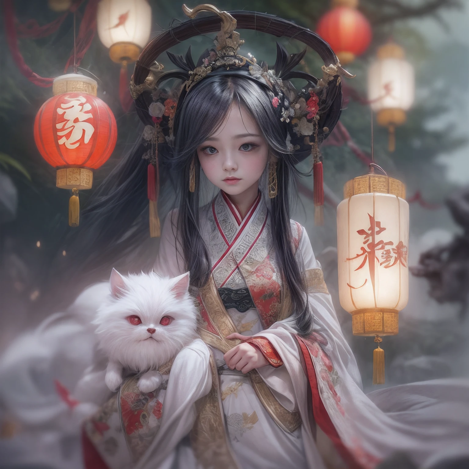 1girll，anatomy correct,with hair dishevelled，The white robe is not tied to the waist，Delicate pattern，Oriental elements，Chinese lanterns，Lotus lanterns float in the river，Ink painting style, Clean colors,Spooky space, Soft lighting, ( Bokeh)，Masterpiece, Super detailed, Epic composition, Highest quality, 4K，Chinese Ghost Festival，Middle Metaverse，The breath of a ghost，arte de terror，Creepy weirdness，terroral，horrid，horrid，horrid，真实感，